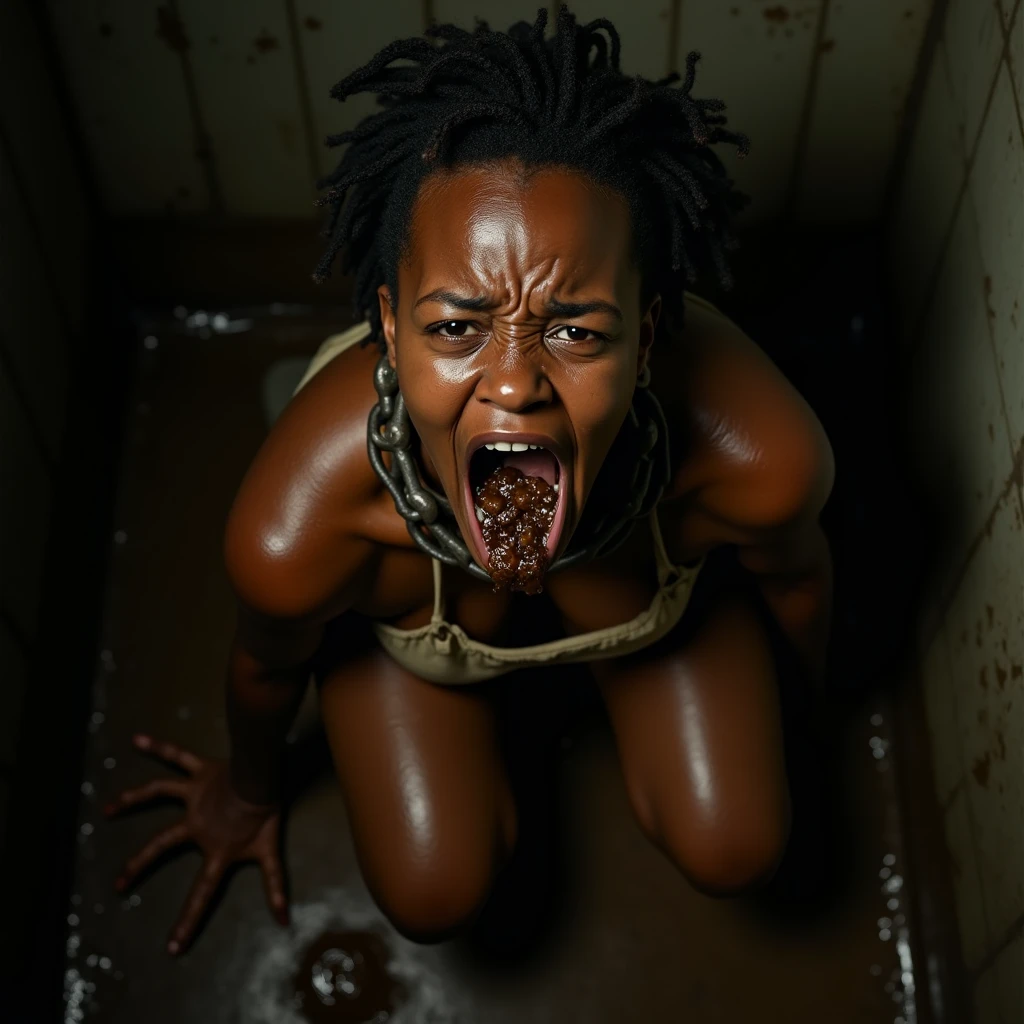 High quality real back photo of Ebony model hanging on a pole, thick red blood flowing from anus, beaten and tortured, hanging in air, lots of cuts marks on body, in horrible pain, detailed skin, skin imperfections, impaled vagina, exposed hairy vagina, huge sagging soft breasts:1.5, large areolas , detailed face, sweaty skin, dark musty empty warehouse, photorealistic, slave collar, barbed wire chains, cuts on breasts, bondage with barbed wire, abused crying expression, Beautiful detailed eyes, Face light, Movie lighting, (( ( very sweaty skin)), ( Air skin)))) ,crying young prostitute has dirty hair is being attacked