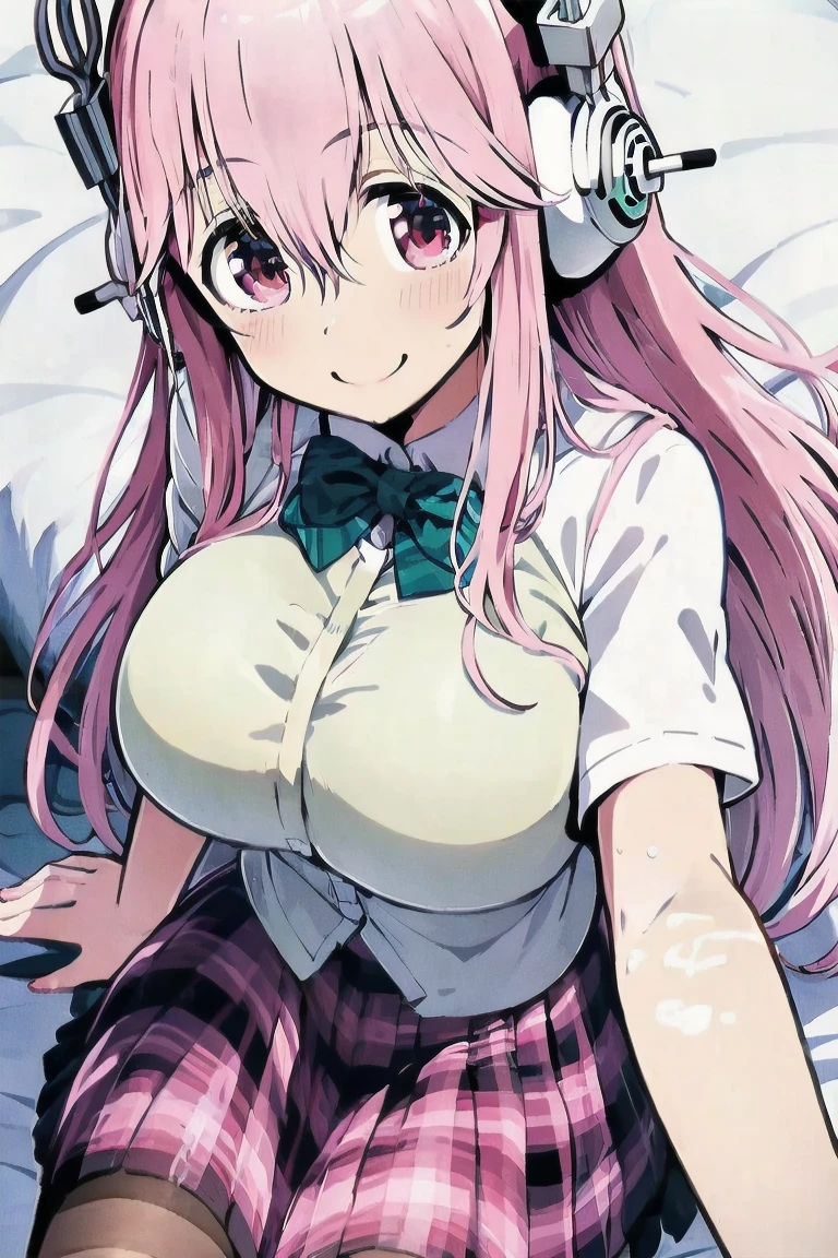 a woman wearing underwear and no shoes taking a picture with a smartphone, 1girl, breasts, cube hair ornament, pink hair, underwear, panties, solo, gigantic breasts, blue eyes, skirt, long hair, navel, phone, hair ornament, shirt, blush, black skirt, white panties, holding, clothes lift, white shirt, cellphone, ifted by self, sweat, simple background, bangs