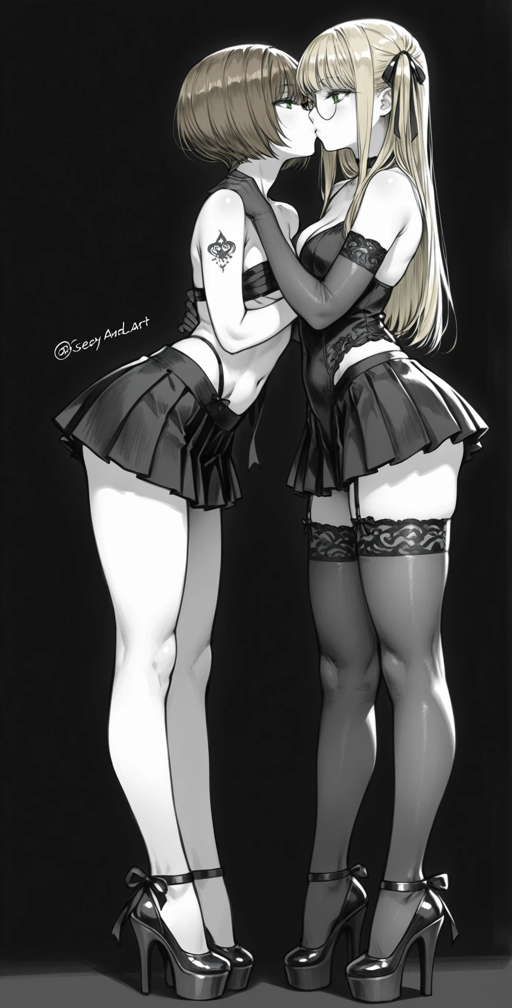 Freehand sketch style with a simple pencil. (((black and white))) . Young woman with blonde brown hair, Bob haircut, smooth straight hair , 18 years old, skinny, not tall , green eyes, . wide hips . round glasses. naked. sexy. Tattooed right arm and shoulder. Sexy naught pleated miniskirt outfit. Sexy ribbons. Sexy lace stockings with garters. High heel and platform shoes. lace long elbow high gloves. Two long straight ponytails. Monochrome. Pearls and ribbons. Raw sketch pencil art. Sexy seduction , kissing girls. Dark background