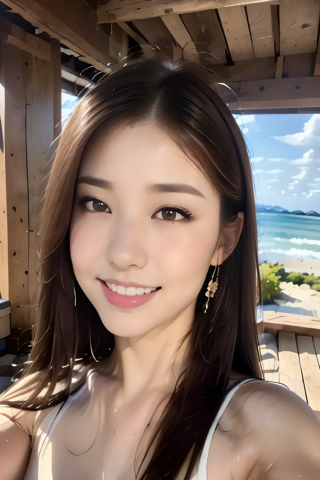 ((Highest quality, 8K, masterpiece :1.3)), One Girl, ,((A very loving smile:1.1)),Pink blush:1.2,blush:1.2, Red lipstick:1.2,Dark lipstick:1.2,Slim face, Beautiful woman, Big Breasts:1.3, 非常にDetailed face, double eyelid, Ocean,beach, summer,island,Looking into the camera,(Micro Bikini),Hawaii,(masterpiece: 1.3), (Maximum resolution: 1.4), (Ultra-high resolution: 1.2), Cinematic Light, Ultra-high resolution, (Detailed eyes and skin), (Features of Detailed face), 8K resolution, Perfect Style, Beautiful expression、非常にDetailed face and skin texture、Detailed face,Thin cheeks,((Pure white skin:1.1)),Glossy Lips:1.2,((Full Body Shot:1.2)),(Straight Hairstyles、Light brown hair),,175cm,
