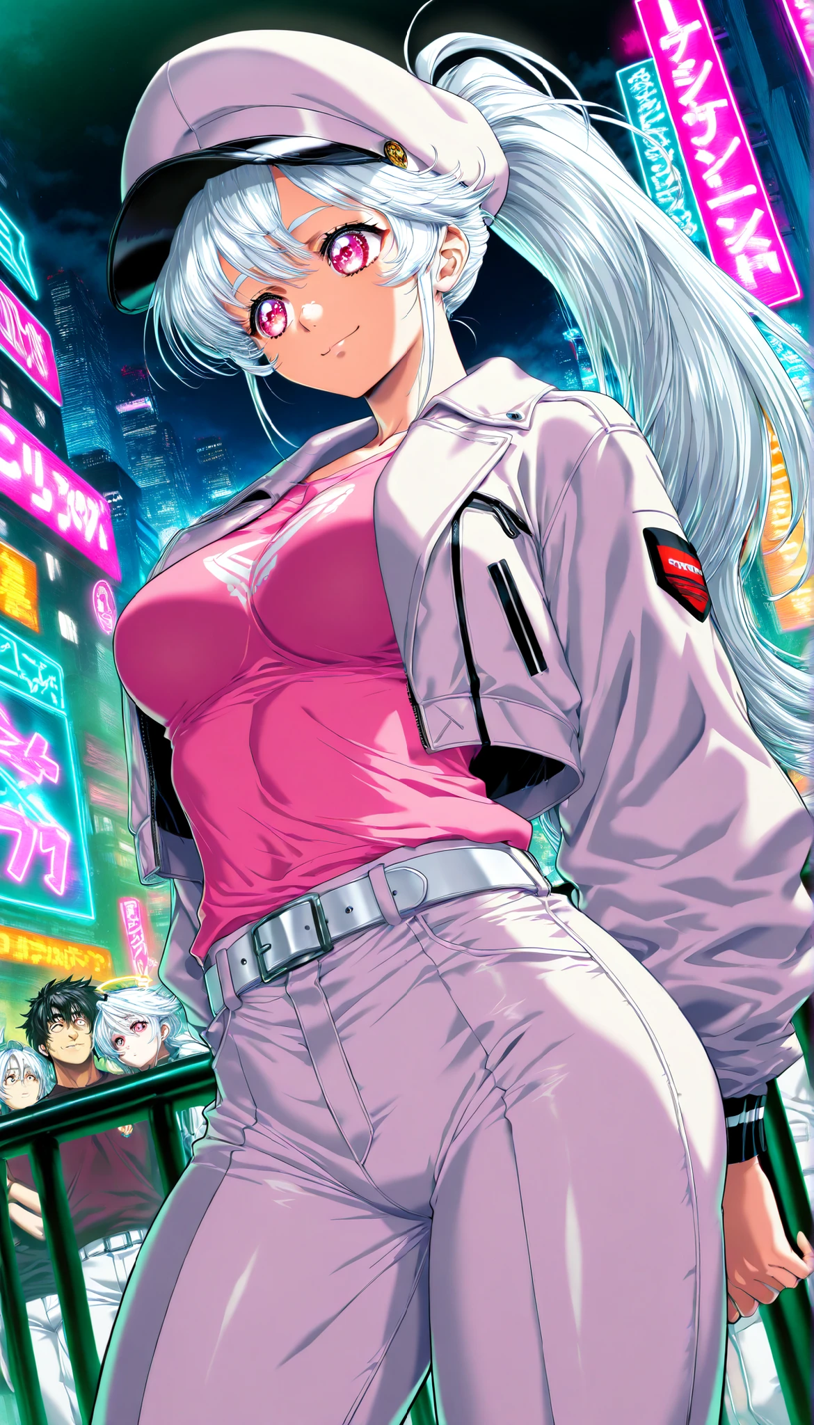 masterpiece, Highest Quality, newest, high definition, 1 girl, Yokota Mamoru style,Line of Motion,very straight nose, slim,Narrow Face,perfect nose,stare at the viewers,charming smile、(face up:1.core_9, score_8, score_7, score_6, source _ anime, 1 Mature_, female, Angel Thrass, alone , Cheerful Mirafa, white hair, Long Ponytail Hair, pink eye, white hat, Tight Pink Shirt, White Jacket, white belt, white pants, Toned Thighs, The background is the city, night , neon light, cuerpo percto, manos perctos, cintura percta, ambient light .
