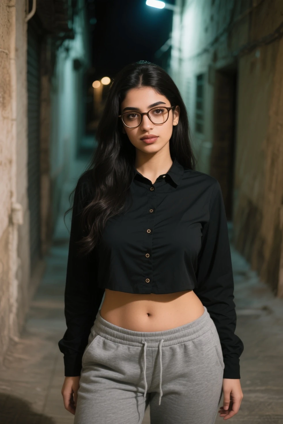 (girl:1.1)1 Pakistani mature girl 28 years old,  whitened complexion, wearing eyesight glasses, beautiful girl near in lahore, food street (best quality,4k,8k,highres, masterpiece:1.2)gazing down at the bustling city below. Dressed in a black Pakistani kurti, medium size bouncy breasts, toned figure, wearing grey jeans, she stands strong against the (wind), her gaze steady and determine, Round neck baggy half sleeve Teeshirt, slim face Lahore Pakistani girl, on a beach

The (architecture) of the surrounding small buildings  a mix of modern and traditional, creating a unique Lahore backdrop. The cityscape stretches out in all directions, with dusty streets and winding alleys, (photorealistic:1.37)capturing the essence of Lahore rich history.

The assassin's (sharp focus) eyes provide a glimpse into her mysterious and dangerous world. Her (long, flowing hair) dances in the wind, creating a sense of (movement) and adding an element of drama to the scene.
