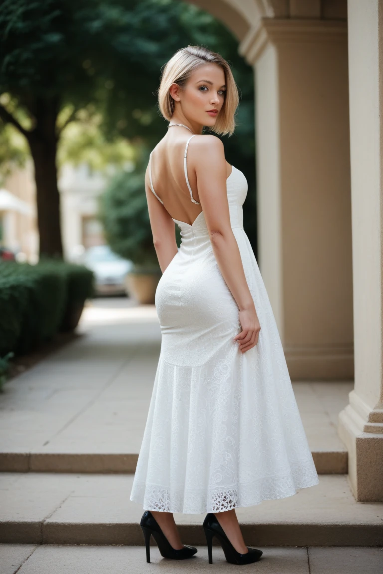 Blonde woman with wavy hair posing in front of a restaurant with glass decorations, wearing a strapless midi dress, wearing a stunning ivory dress, revealing a stylish dress, stunning ivory dress, elegant white dress, wearing white dress, wearing an elegant dress, wearing ivory-colored dress, dressed in a beautiful white dress, plain white tight-fitting outfit, a beautiful woman in white, wearing a beautiful white dress, low-cut dress