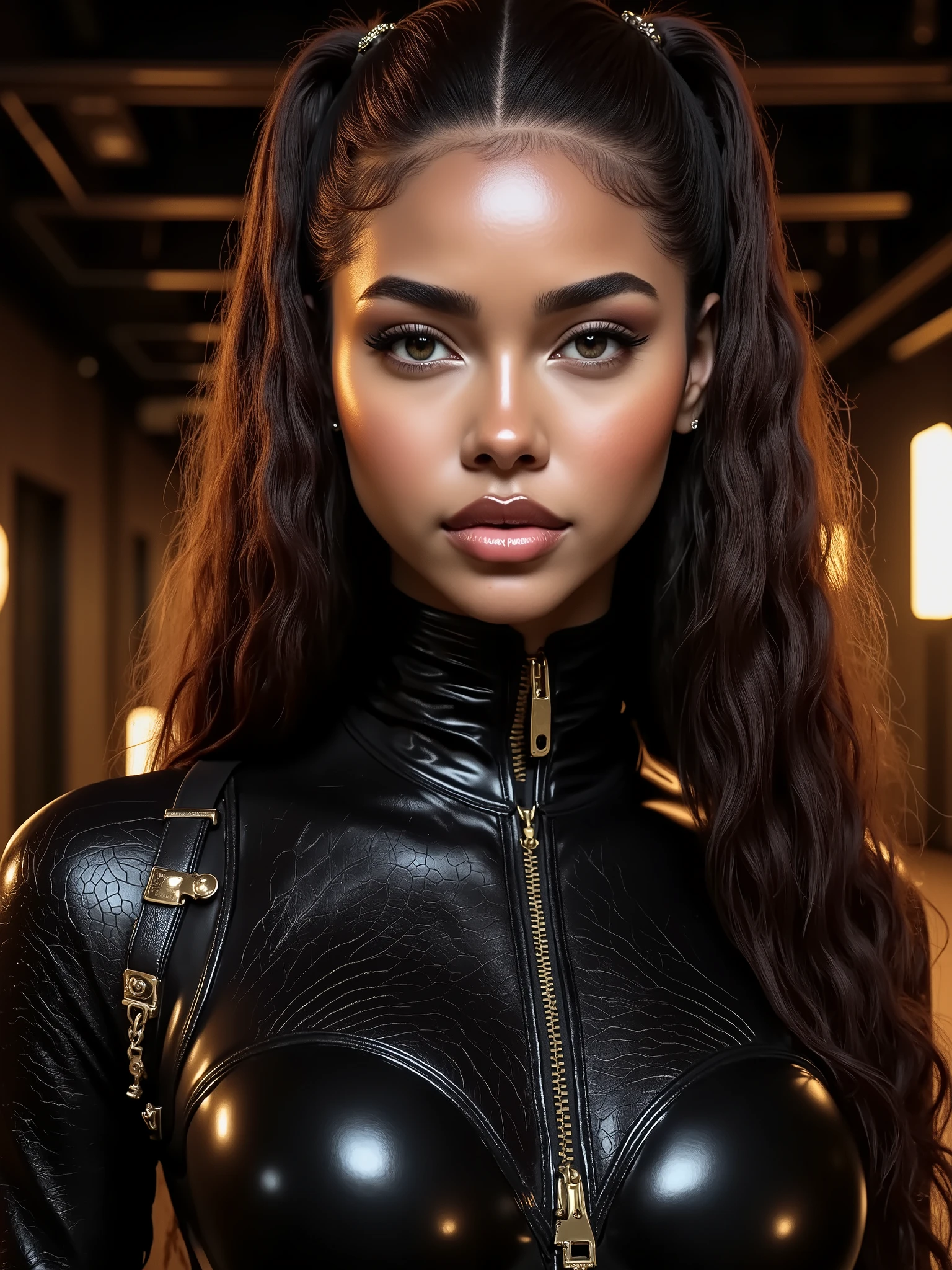A portrait of a bi-racial woman, (makeup:1.4), amazing body, (fit body:1.2), latex outfit, highly detailed fur, natural skin texture, 4k textures, detailed belly, Highly detailed perfect smooth skin, Lightroom, Intricate, Ultra-Realistic, Out There, (HDR:1.3), UHD, (Intricate Detail, Hyper-Detailed:1.1), Cinematic, Photoreal, (Dark Shot:1.2), Dramatic, High Contrast, (Warm Color:1.1) , muted colors, master piece, elegant, sharp focus,