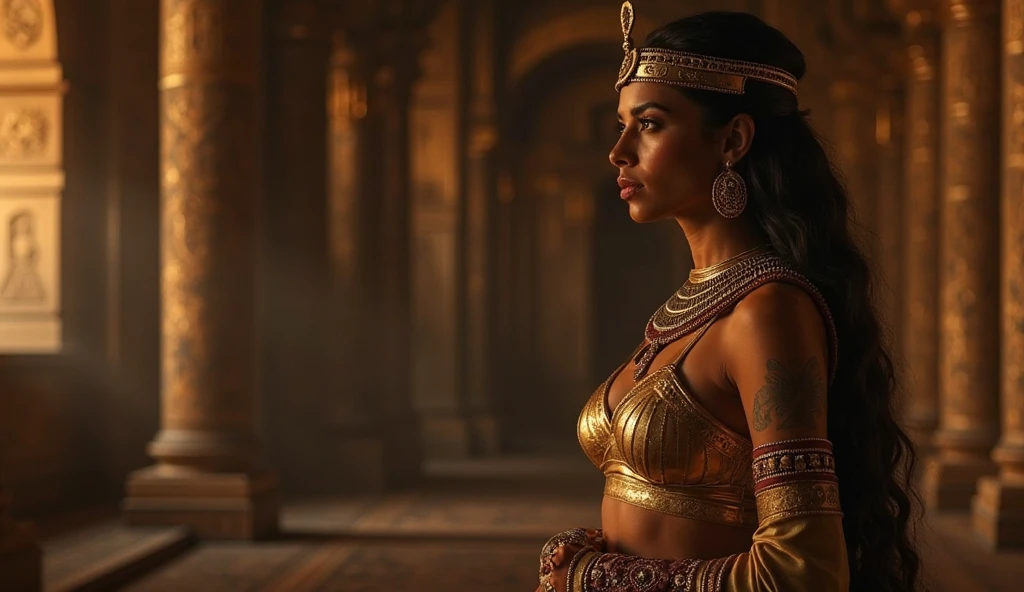 portrait of a ((single)) egyptian person wearing an elegant tribal outfit with intricate elements, ancient city background, defiant, amazing body, pronounced feminine feature, maximum details, cinematic, intense, cinematic composition, cinematic lighting, (rim lighting:1.3), color grading, focused, hdr, (intricate details:1.25, hyperdetailed:1.2)