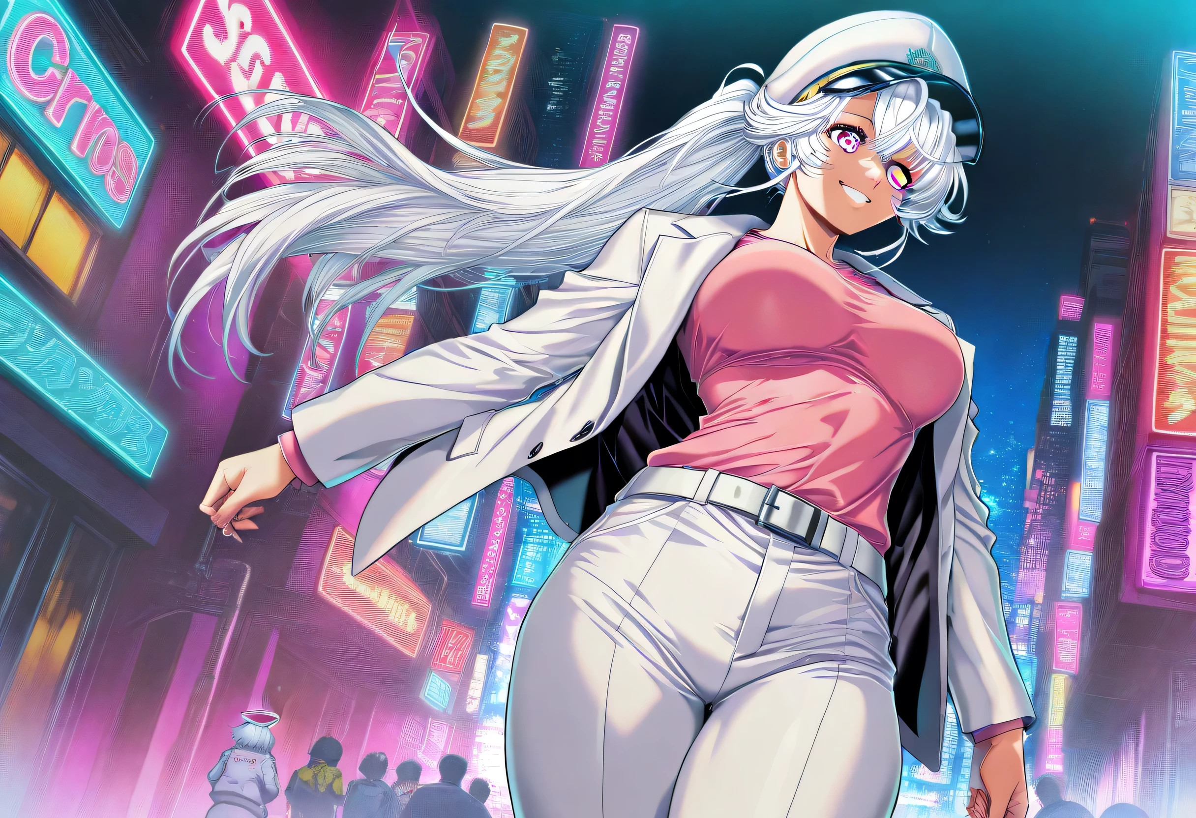 masterpiece, Highest Quality, newest, high definition, 1 girl, Yokota Mamoru style,Line of Motion,very straight nose, slim,Narrow Face,perfect nose,stare at the viewers,charming smile、(face up:1.core_9, score_8, score_7, score_6, source _ anime, 1 Mature_, female, Angel Thrass, alone , Cheerful Mirafa, white hair, Long Ponytail Hair, pink eye, white hat, Tight Pink Shirt, White Jacket, white belt, white pants, Toned Thighs, The background is the city, night , neon light, cuerpo percto, manos perctos, cintura percta, ambient light .