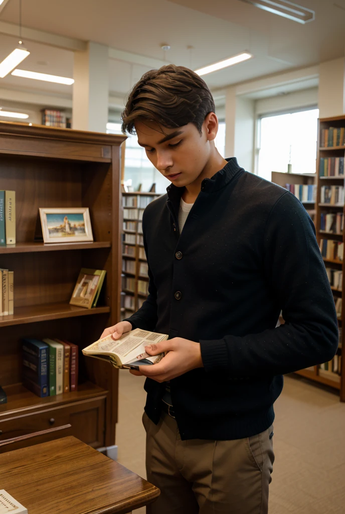 A beautiful young male twink with black hair and a face with makeup. He is wearing a white long-sleeved shirt and black jeans. He is in his huge scientific office and he is studying with concentration on a desk with a mathematics book on it.