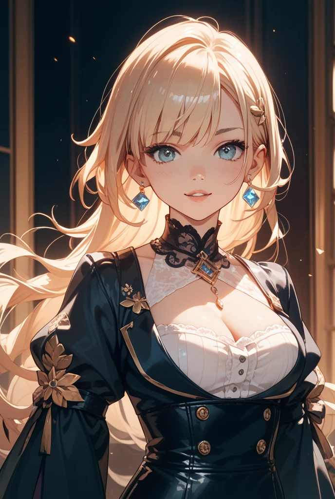 masterpiece、Highest quality、High resolution、High-quality images、8k, 1 female、Skin Radiance、Texture of skin and clothing、Expression of fine eyes、realism, detailed manga style, Manga art style, Perfect line drawing, Beautiful line art, digital manga art girl, Fuller lips, Gorgeous face with attention to detail, (smile), charm, Innocent, Side view, (Perfectly detailed face), (Beautiful Hands) Photorealistic images, Written boundary depth,evening、Adult female、Long Hair、Wavy Hair、Blonde、Bright Blue Eyes、Curly Hair、Big Breasts、Circlet、Black clothes