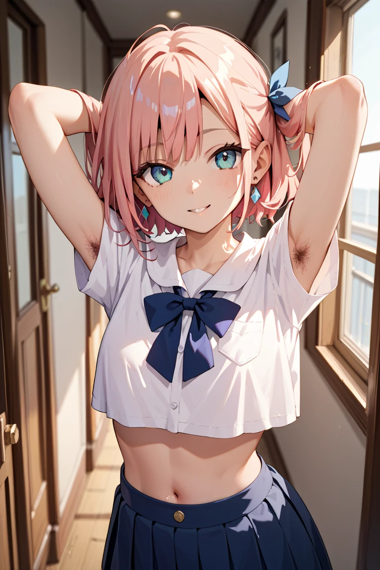 (((masterpiece, Highest quality, High resolution, 超High resolution, Pixel perfect, Written boundary depth, 4K, RTTX10.0))), Beautiful Anime Woman, Beautiful art style, Anime characters, ((Smooth texture, Realistic texture, Anime CG style)), Exact finger count、Exact number of legs、(Exact number of arms:1.0, Exact number of hands:1.0), (Perfect hands, Perfect Anatomy), Cinematic, Realistic, Highly detailed CG, Daytime lighting, Perfect lighting, Best Shadow, The best natural light, whole body, Perfect body, (Slender body:1.2), whole body, ((bangs, Dark brown hair, Stylish and cute bob cut)), ((Cute woman trying to remove her panties:1.3)), (Fashionable white shirt, Sailor collar, Knee-high socks, loafers, Navy pleated mini skirt:1.3), ((Sexy and cute panties, (Stylish shiny satin pink panties:1.2), Side tie panties, Small lace panties:1):1.3), (Beautiful and very large breasts:1.1), (Beautiful and thin thighs:1.3), Short torso, Feeling embarrassed, (blush:1.2), (Embarrassed expression:1.4), (In the school classroom:1.3), Angle from the front