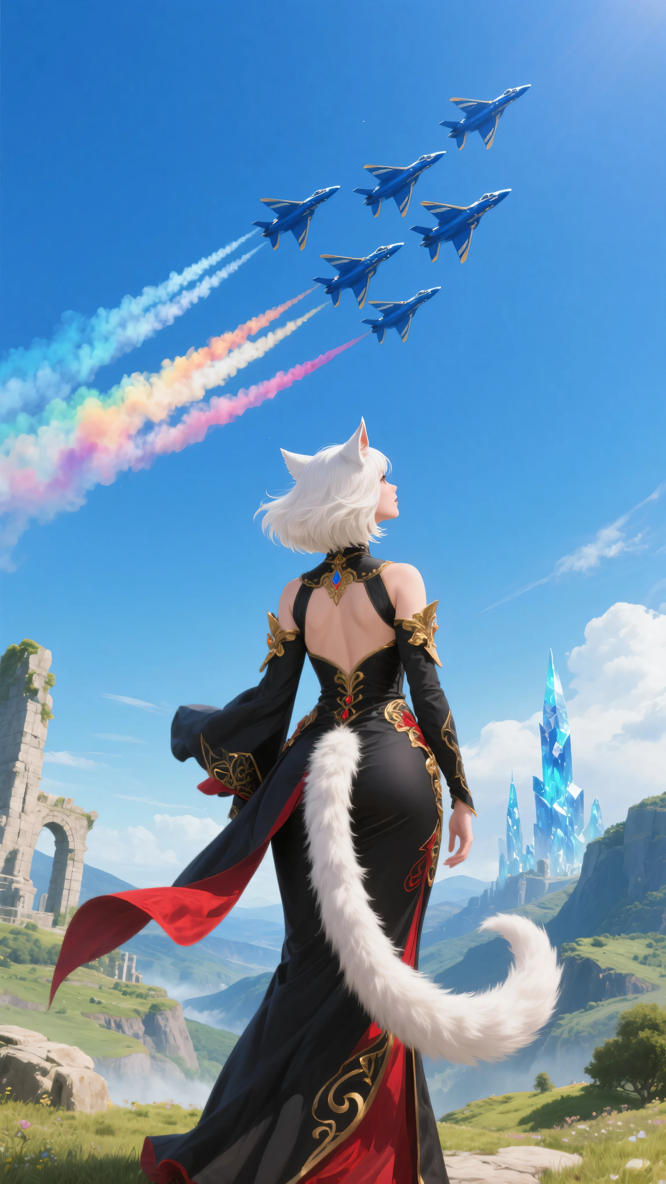 A powerful and emotional scene set at the end of an epic fantasy journey. A voluptuous, goddess-like Miqo'te woman stands with her back to the viewer, gazing up at the sky with quiet awe. Her thick, shoulder-length white-blonde hair is styled in a voluminous short bob cut, swaying gently in the breeze. She wears a majestic black mage outfit, adorned with gold and crimson red arcane detailing, flowing elegantly around her curvy form. Her long, fluffy tail emerges naturally from her lower back, adding to her feline grace. The fantasy landscape around her features vast, lush valleys, ancient stone ruins, and distant crystalline towers—clearly inspired by the world of Final Fantasy.

In the clear blue sky above, the real-life U.S. Navy Blue Angels fly in tight formation, trailing brilliant, colorful smoke as they perform an acrobatic salute. Their presence feels like a divine tribute—honoring her long journey and heroic deeds. The contrast between the high-tech jets and the magical landscape creates a striking blend of realism and fantasy. The mood is triumphant, emotional, and cinematic. Wide-angle composition, ultra-detailed, vivid lighting, fantasy-realism fusion.