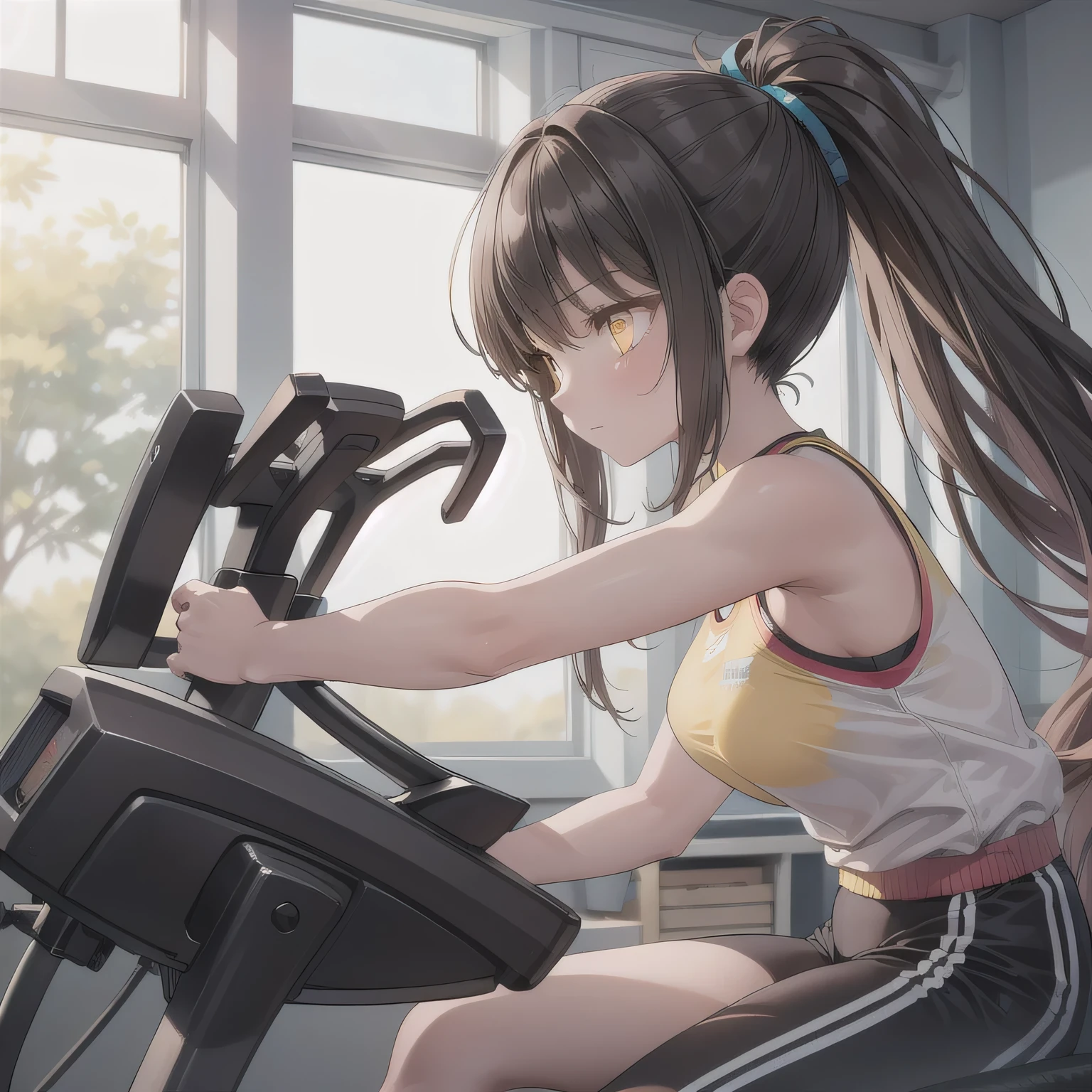 A fitness gym, a person training on a stationary bike, side view, bright morning sunlight through large windows. Dark Hair, Black Skin, Brown Skin Female, Long Hair, (Yellow Eyes:1.5).