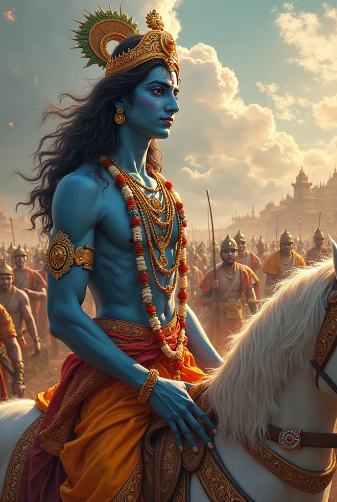 Lord Krishna with peacock feather in his hair and Mahabharata Yudh with white horse