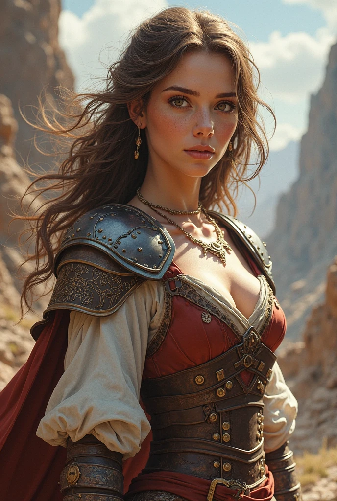 (photorealism:1.2), beautiful woman with glasses and light brown hair, with blue eyes and wearing a warrior outfit