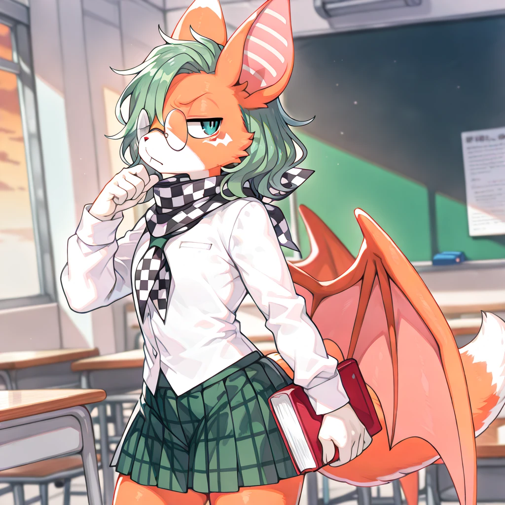 Masterpiece, White shirt, green skirt ,Red tie, red hair ribbon, White socks, 8k, Lin, green fur
