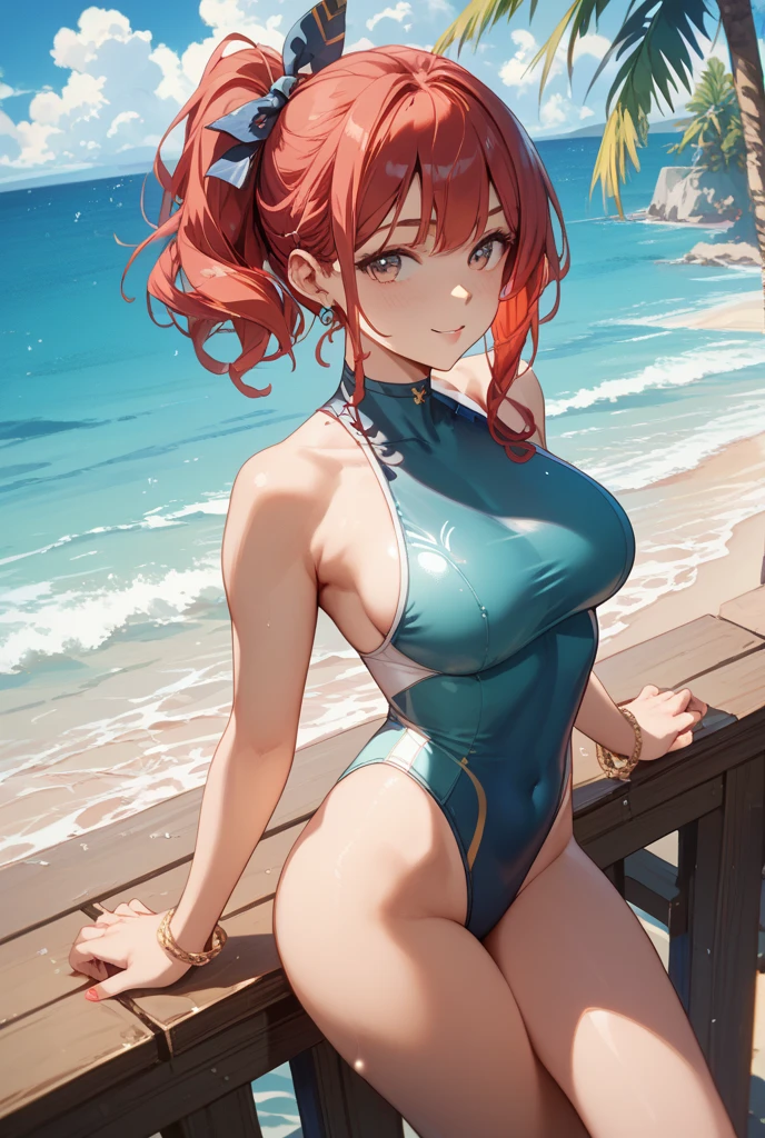 (masterpiece image, very detailed image, best high quality high definition image, carefully detailed textures and pixels, carefully detailed character and background, alone solo character)
{{1character: 22 years old red-haired elf girl: (fair skin, green eyes, hair tied in two high-short-pigtails with ribbons, absolute beauty,  big breasts, nice figure, huge walking cheerful with good style, happy fave, enjoying the moment, smiling), (dark-blue one-piece swimsuit), (beach, sunny morning)}}
