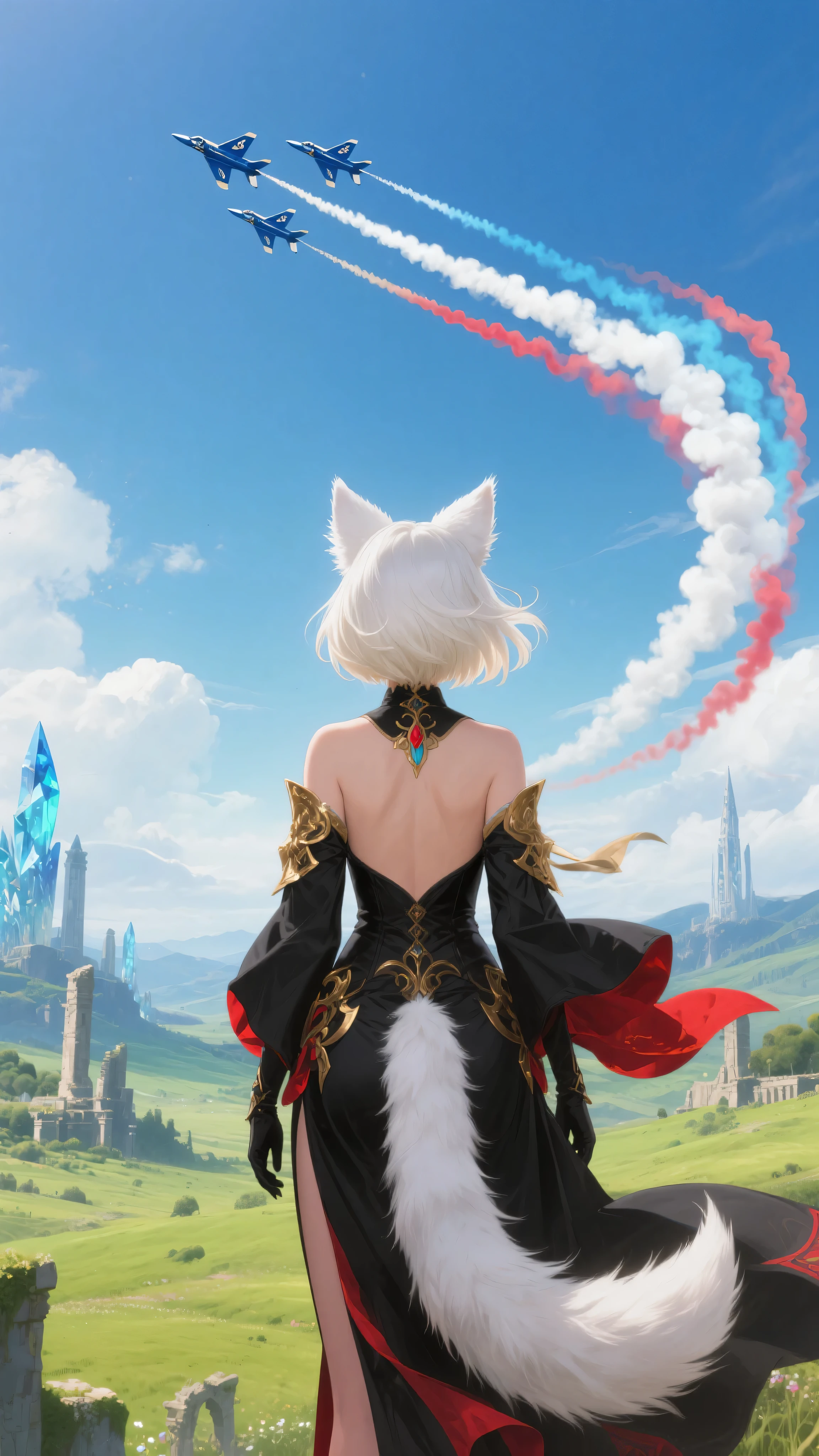 A powerful and emotional scene set at the end of an epic fantasy journey. A voluptuous, goddess-like Miqo'te woman stands with her back to the viewer, gazing up at the sky with quiet awe. Her thick, shoulder-length white-blonde hair is styled in a voluminous short bob cut, swaying gently in the breeze. She wears a majestic black mage outfit, adorned with gold and crimson red arcane detailing, flowing elegantly around her curvy form. Her long, fluffy tail emerges naturally from her lower back, adding to her feline grace. The fantasy landscape around her features vast, lush valleys, ancient stone ruins, and distant crystalline towers—clearly inspired by the world of Final Fantasy.

In the clear blue sky above, the real-life U.S. Navy Blue Angels fly in tight formation, trailing brilliant, colorful smoke as they perform an acrobatic salute. Their presence feels like a divine tribute—honoring her long journey and heroic deeds. The contrast between the high-tech jets and the magical landscape creates a striking blend of realism and fantasy. The mood is triumphant, emotional, and cinematic. Wide-angle composition, ultra-detailed, vivid lighting, fantasy-realism fusion.