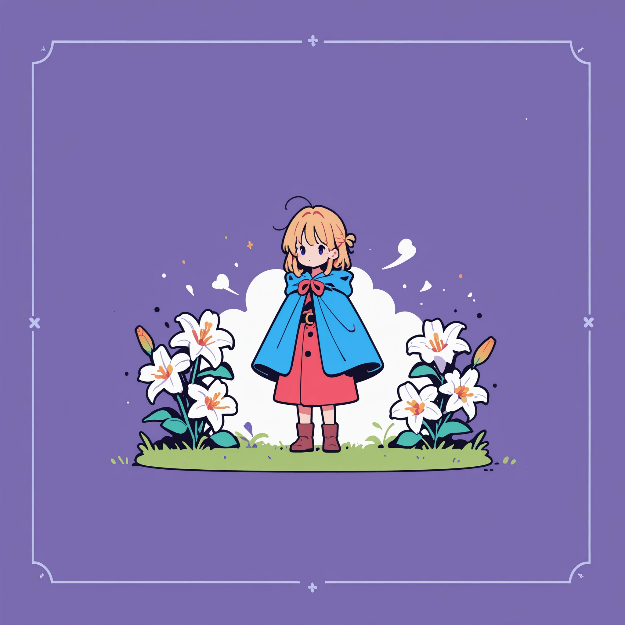 Illustration of a girl wearing red clothes and a blue cloak. A white lily is drawn in the background.