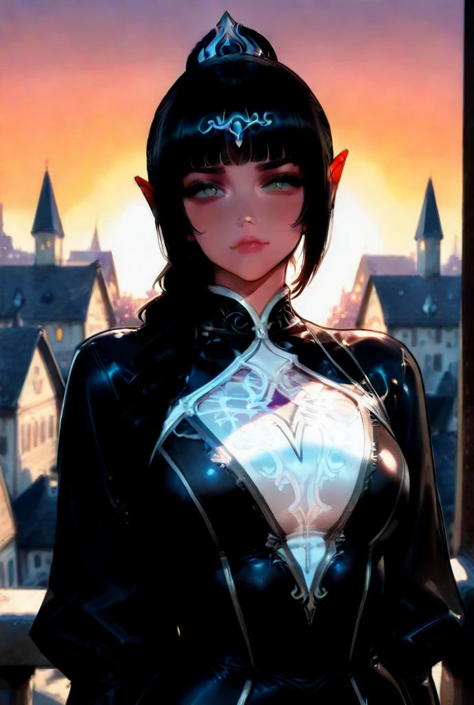 black hair, hair bobbles, wince, longeyelashes, solid circle eyes, fake animal ears, light smile, ear blush, fang, Surrealism, drop shadow, anaglyph, stereogram, tachi-e, pov, atmospheric perspective, 8k, super detail, ccurate, best quality