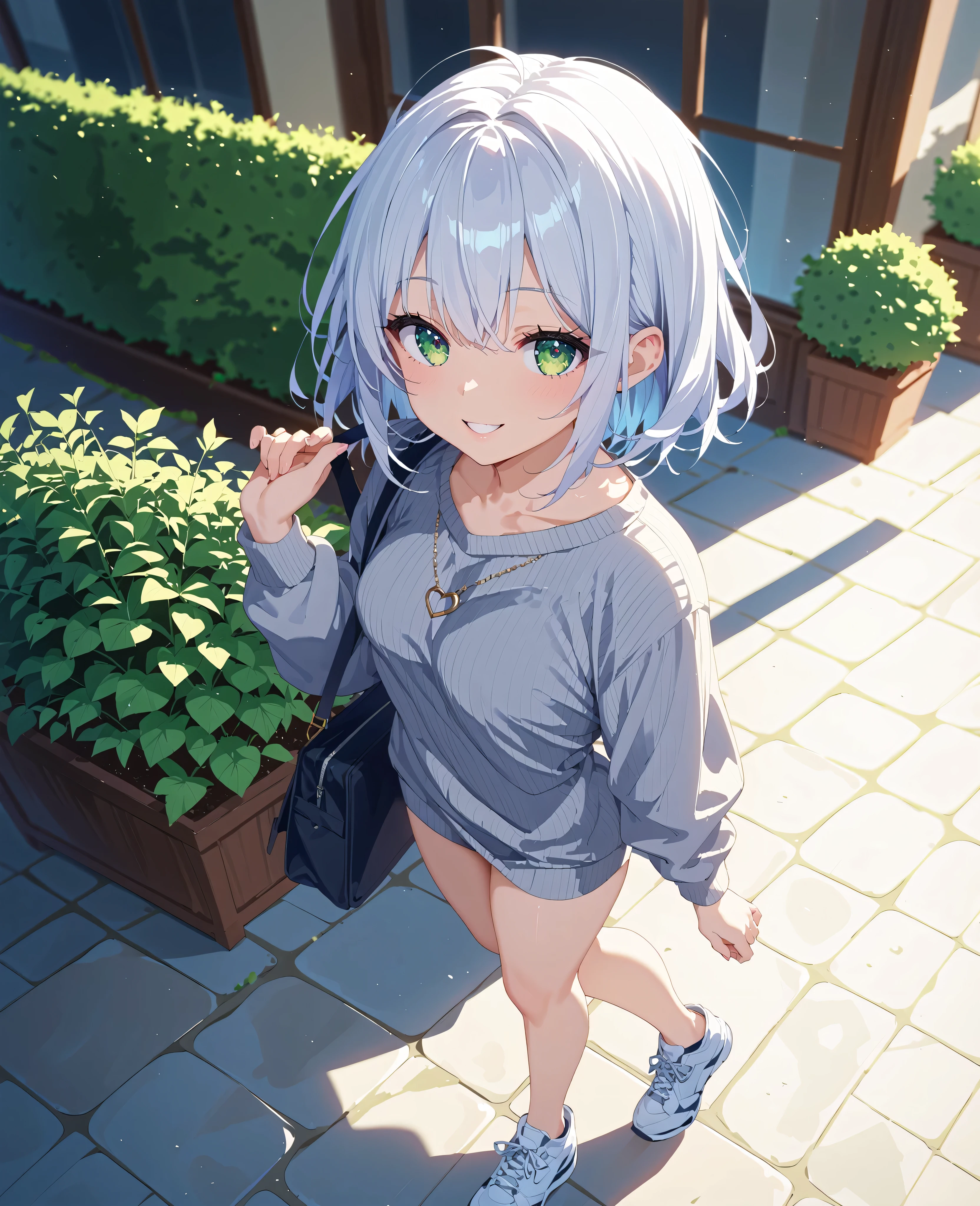 score_9, score_8_up, score_7_up, score_6_up, score_5_up, score_4_up, source_anime, (anime)、smile、perfect face、Highly Detailed Faces、Highly Detailed Faces、beautiful girl、16k, sketch、clear skin、1 woman、white hair、medium hair、green eyes、(((white miniskirt)))、gray sweater with two hands、white sneakers、walking、from the side、from above、((the background is blurry))、full body
