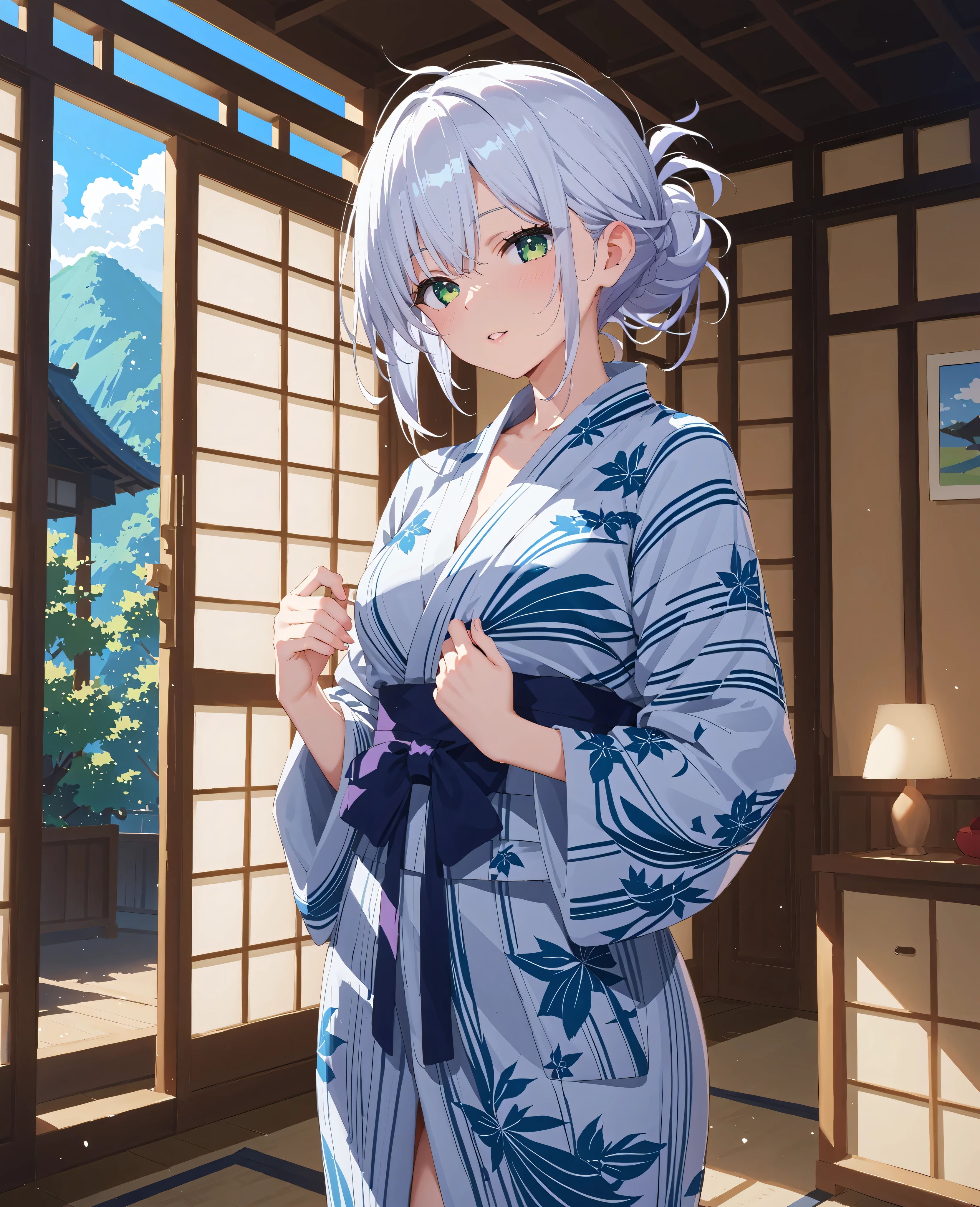 score_9, score_8_up, score_7_up, score_6_up, score_5_up, score_4_up, source_anime, (anime)、in an inn room、perfect face、Highly Detailed Faces、Highly Detailed Faces、beautiful girl、16k, sketch、clear skin、1 woman、white hair、medium hair、green eyes、((( yukata at a ryokan )))