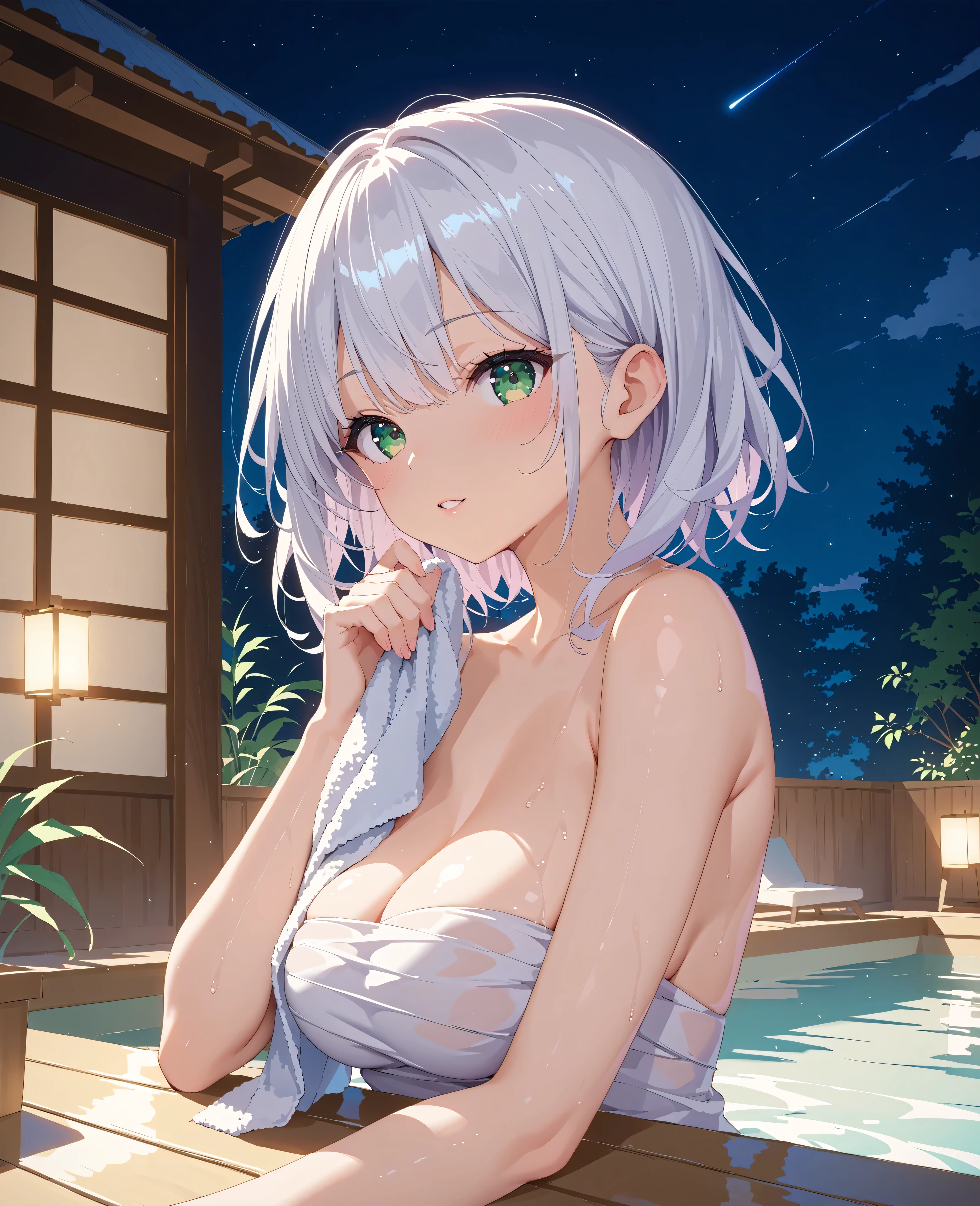score_9, score_8_up, score_7_up, score_6_up, score_5_up, score_4_up, source_anime, (anime)、An open-air bath at night with a spectacular view、Bathing in hot springs、Fantastic views、Vivid sky、Wide-angle shooting、perfect face、Highly Detailed Faces、Highly Detailed Faces、beautiful girl、16k, sketch、clear skin、1 woman、white hair、medium hair、green eyes、I'm wrapping a towel around my body、from the side