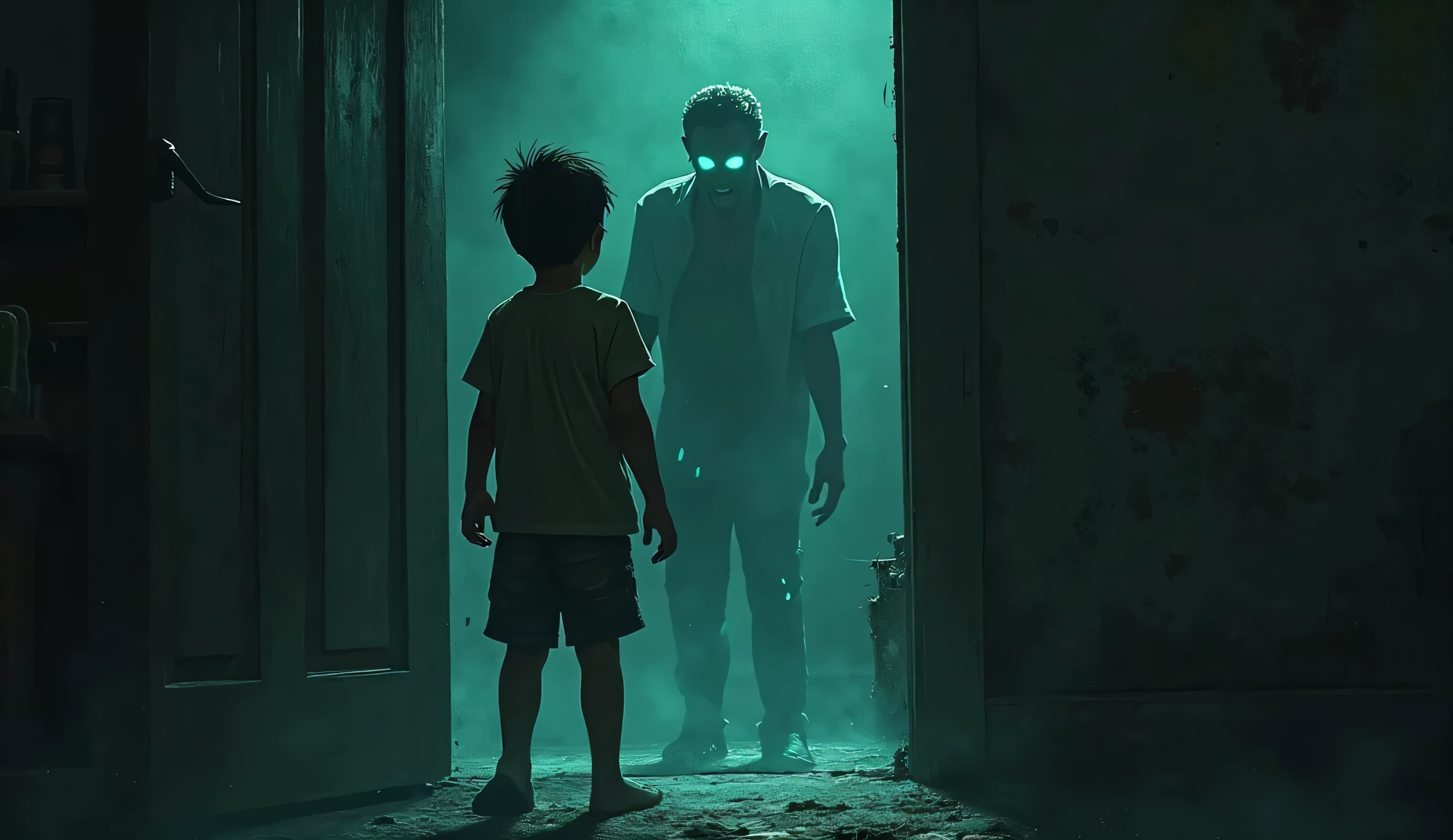 A Venezuelan child from the state wakes up in his humble room scared and amazed seeing the spirit of a mustachioed peasant wearing black pants and a long-sleeved white shirt who tries to take him by the feet