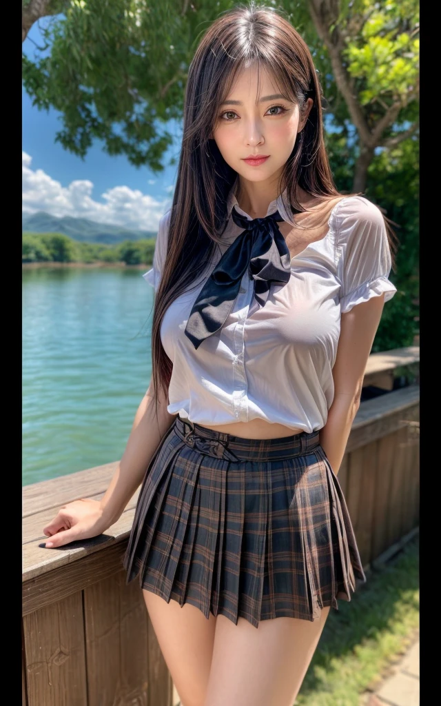 (absurdres:1.3), (highres:1.3), (ultra detailed:1.3),(1girl:1.3), (extremely detailed CG unity 8k wallpaper:1.3), (detailed skin texture, detailed cloth texture, detailed hair texture), (beautiful detailed face, supermodel, pale skin, realistic glistening skin), (RAW photo, best quality), (realistic, photo-realistic:1.4), masterpiece, extremely delicate and beautiful,Amazing, finely detail, extremely detailed CG unity 8k wallpaper, huge filesize, ultra-detailed, highres, absurdres, soft light,rim light, vibrant details, hotel room, straight hair, large breasts, black hair color, Big Natural Color Lip, (perfect body shape), beautiful legs, 20 years old, Beauty、Well-formed face、Make your eyes even、Large sagging eyes、Beautiful black hair、Has bangedium build、Well-balanced proportions、Arms wrapped around his back, hands tie behind back, Tartan plaid pleated skirt、Blue Short Sleeve Blouse、Beautiful scenery、(front view:1.3), Leaning against a large tree on the shore of a beautiful lake、