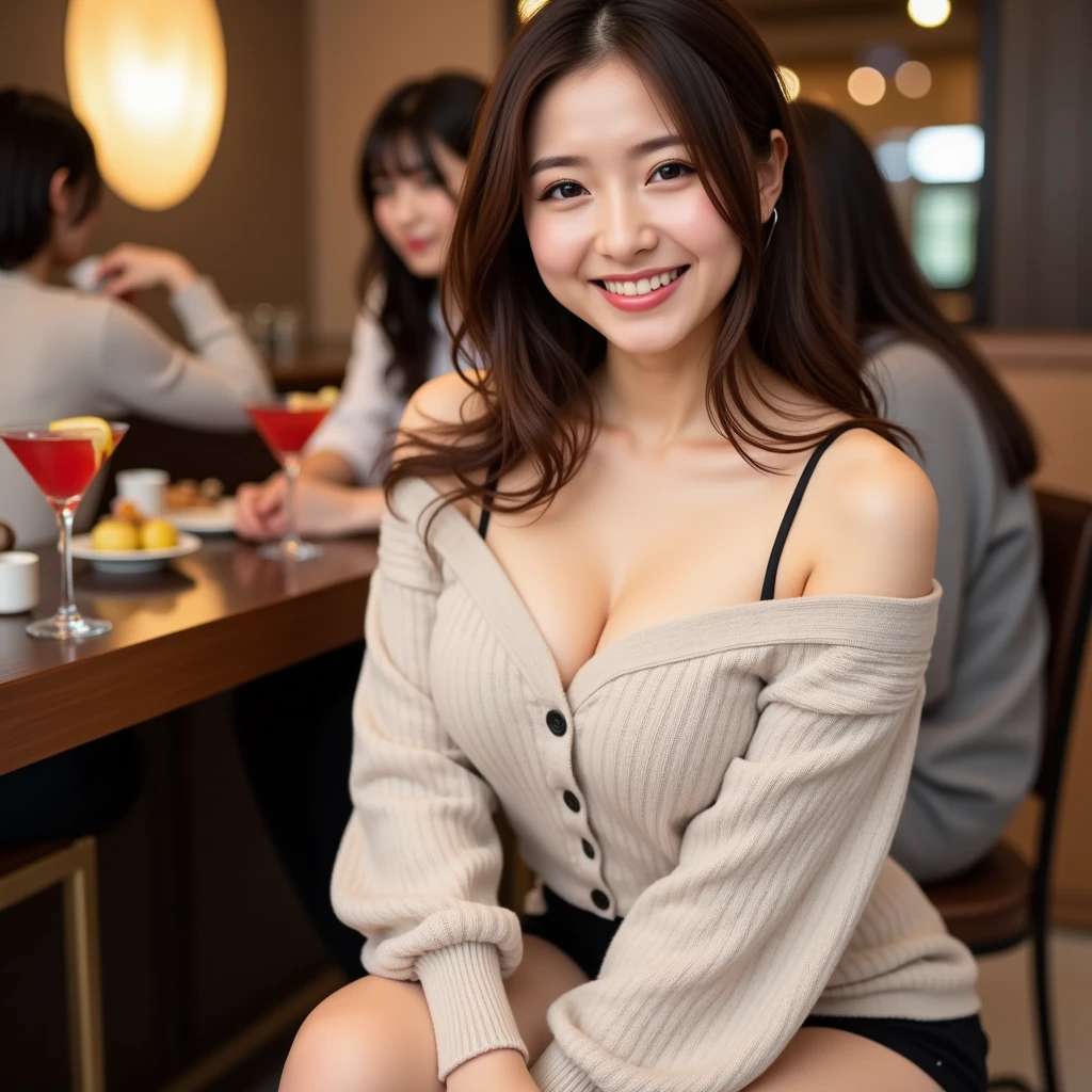 A 20-year-old woman with a very cute face like a 15-year-old idol Smiling Kindly (((Whole body))) (((Full body portrait))) (one piece) Medium Bust Cleavage A crowded and stylish wine bar at night Cinema lighting (Natural light) Artistic High level of artistry RAW Photos Genuine High quality that is indistinguishable from real life Real Stick High resolution