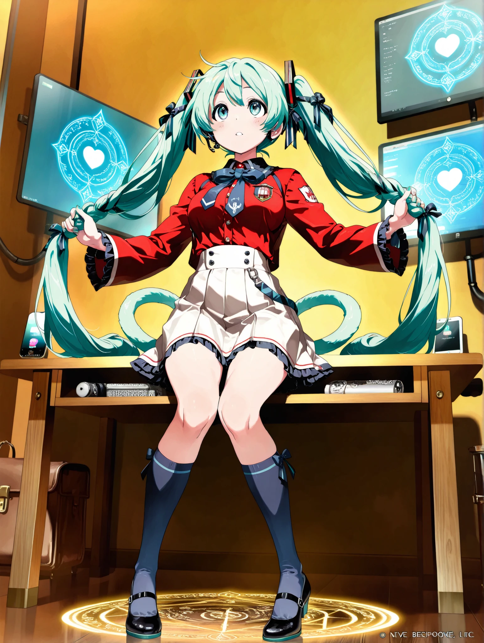 (masterpiece、Highest Quality、Highest Quality、Official Art、beautiful and beautiful:1.2)、(1 girl on break day:1.3)Hatsune Miku、beautiful breasts、light green twin tail、floats up three-dimensionally through the iPhone screen interface, one girl, white pin-tuck blouse with school emblem patch ,Red Bolero,white skirt, miniskirt ,There are 2 blue lines on the hem , bolero sleeve with school emblem patch , knee socks, black enamel wrap pumps,braiding,navy blue ribbon, Striped Ribbons ,Navy High Socks, high waist skirt, looking up from below、Summoning Magic Circle on the iPhone screen、A girl stands on the iPhone screen、The girl is a dwarf、The iPhone on the desk is on the desk