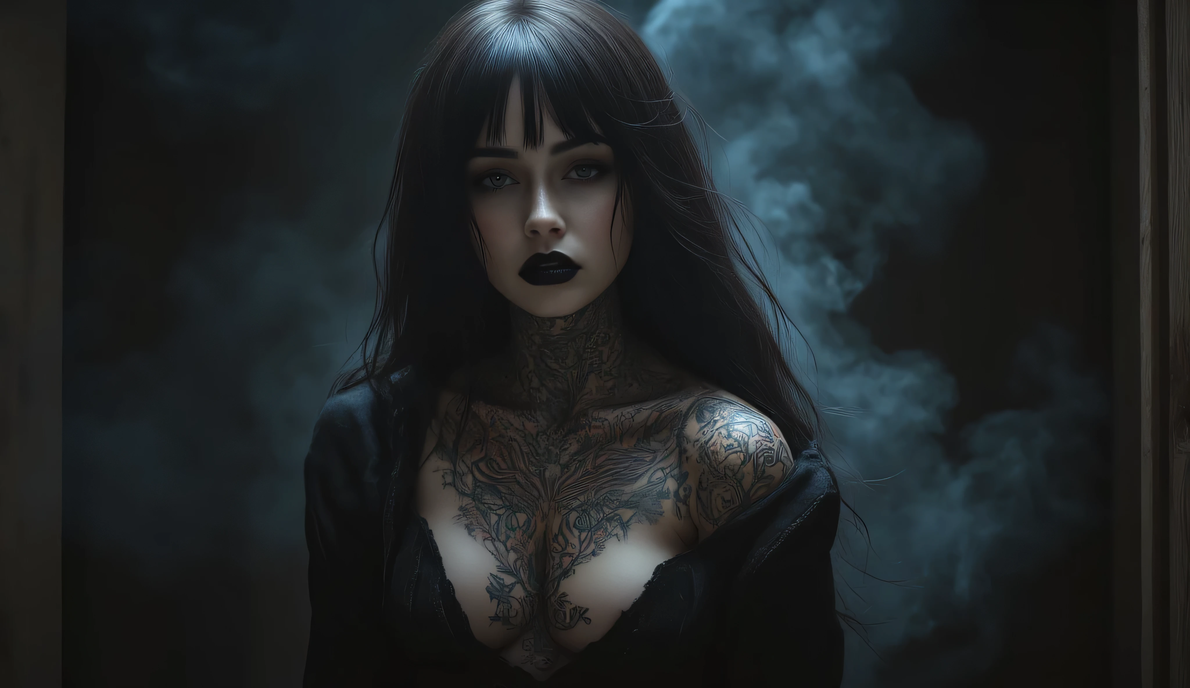 Woman with red eyes, black lips, long hair with black bangs, tattoos on her neck and hands, very large breasts, very small waist, long legs, wearing black lingerie. 