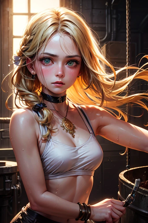 Model Suspended with the chain, Arms Over Head, AOH, and wear tanktops, and showing sweaty armpits