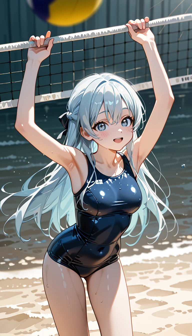 score_9, score_8_up, score_7_up, source_アニメ, Idealized Forms, Natural Light, details background, blurry background, extremely detailed,(aga)maestrale(kancolle),one-piece tan,tanlines,grey hair,one side up,green eyes,long hair,anchor hair ornament,small breasts,(petite),(supplyed eyes),((tears)),blush,body paint,painted clothes,fake clothes,form fitting,swimsuit,