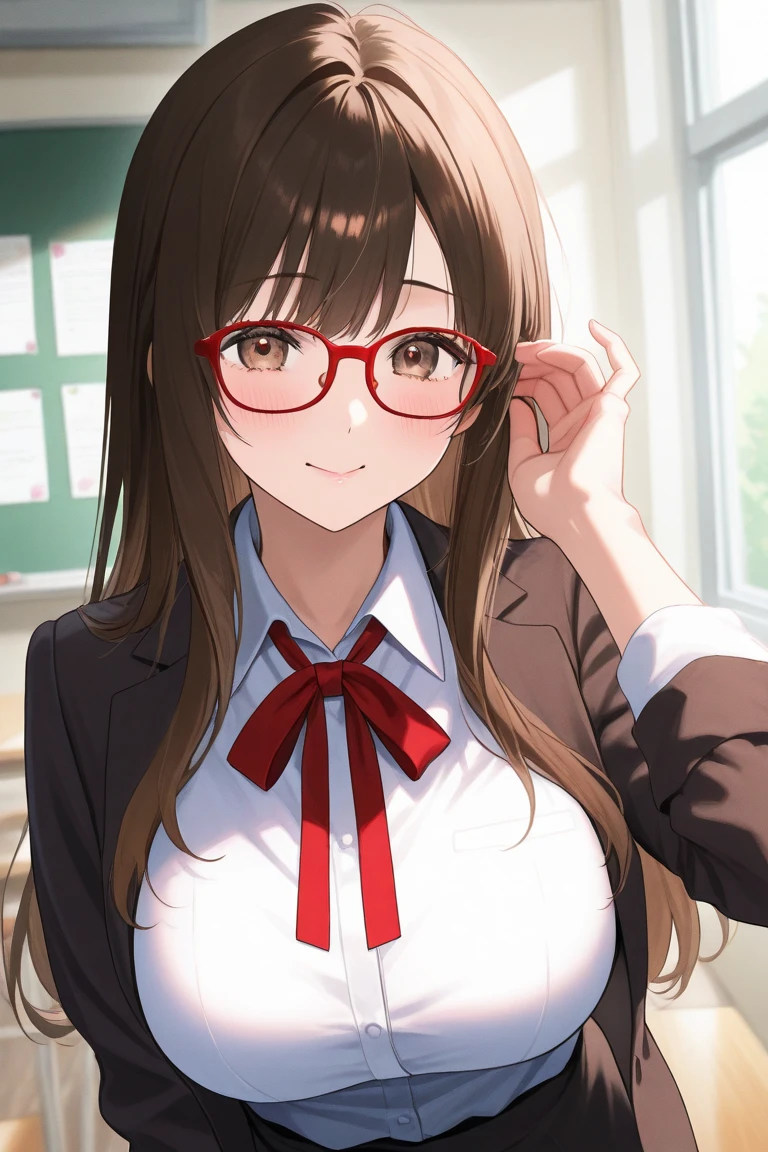NSFW、1 Female、Brown hair、Brown Eyes、Best Quality、Super detailed、8 Resolution、Raw photo、Mastepiece、Perfect Body、high resolution、Highest quality、Detailed drawing、Vibrant colors、lure、Long Hair、Black-rimmed glasses、Captivating breasts、rooftop、Blazer uniform、Crying face