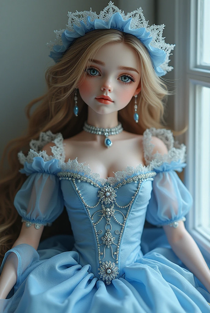 masterpiece,highest quality,Realistic,Homage to the works of Picasso and Renoir,1 girl,Upper Body,Long Hair,Gray Hair,Skin Texture、(Exquisitely designed princess dress_Light blue, Gorgeous Jewelry, tiara:1.2)、Big Rose Background、Light blueのコート,