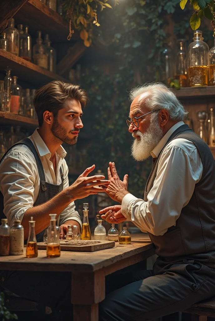 The old master perfumer smells the perfume that the young man gave him and is amazed