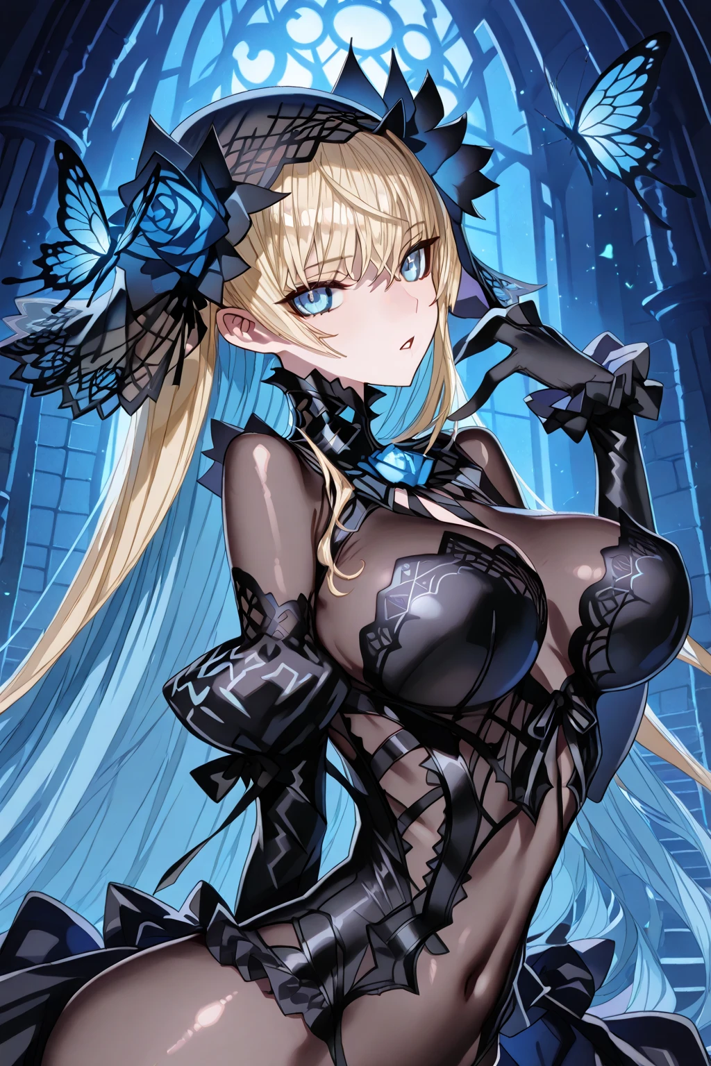 top-quality、Top image quality、masterpiece、girl with((18year old、Dark clothing、Dark bra、Dark skirt、 Best Bust、Bust 90、Blonde long、Blue eyes、open chest wide、Valley、Happiness、A slender、Provocative behavior、Evil face、Handcuffed、High laughter、Skull Tattoo、Tattoo of roses、Targeting your audience、Tighten blue rose hair、Aura of Darkness,Dark Forces,blue flames、Chain Accessories、Black wings、Black manicure、With a black whip))hiquality、Beautiful Art、Background with((prison、Dark impression、nightcity,Red sky、Many bats、many chains、the magma))、masutepiece、Elaborate design、visualart、dark art