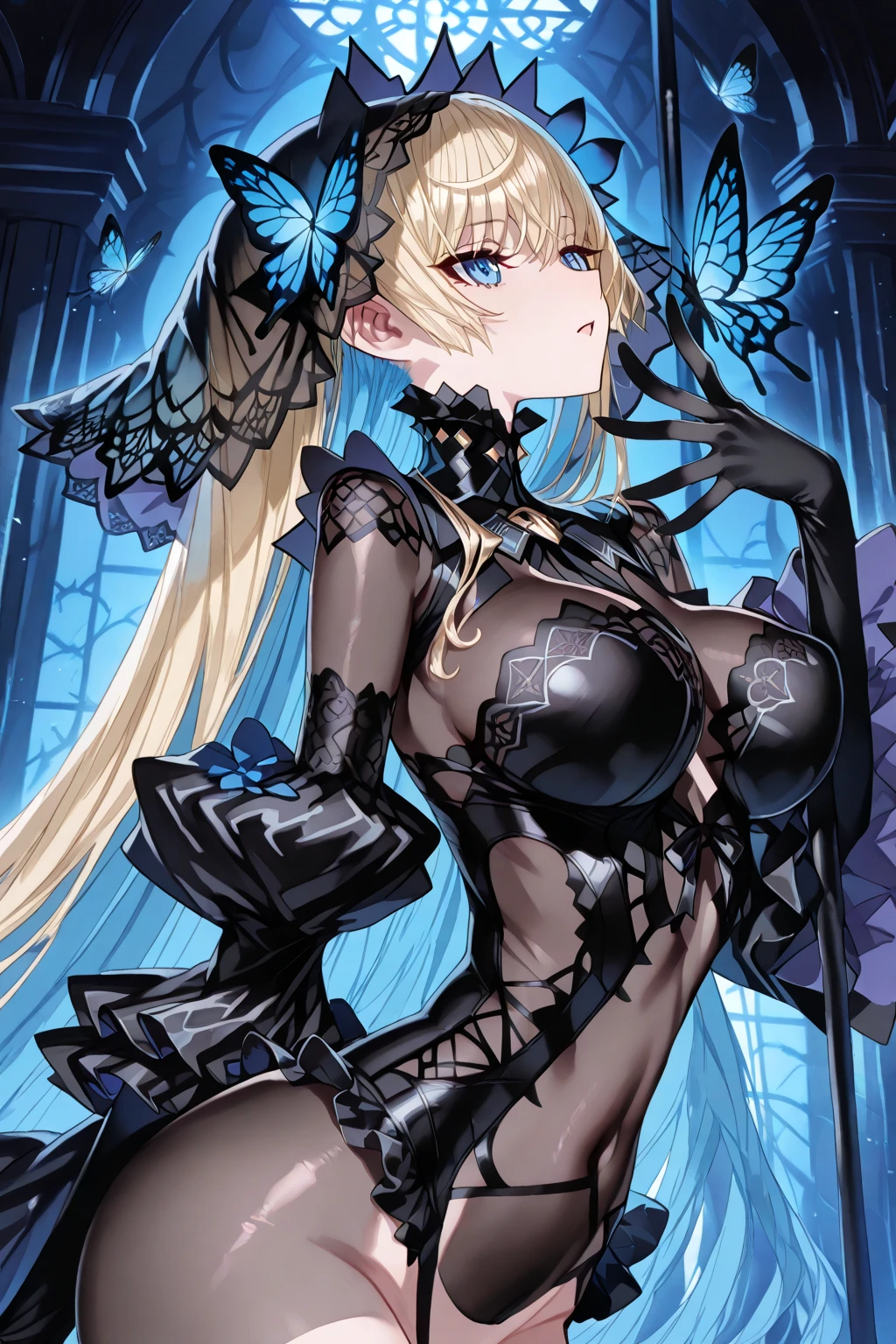 top-quality、Top image quality、masterpiece、girl with((18year old、Dark clothing、Dark bra、Dark skirt、 Best Bust、Bust 90、Blonde long、Blue eyes、open chest wide、Valley、Happiness、A slender、Provocative behavior、Evil face、Handcuffed、High laughter、Skull Tattoo、Tattoo of roses、Targeting your audience、Tighten blue rose hair、Aura of Darkness,Dark Forces,blue flames、Chain Accessories、Black wings))hiquality、Beautiful Art、Background with((prison、Dark impression、nightcity,Red sky、Many bats、many chains))、masutepiece、Elaborate design、visualart、dark art