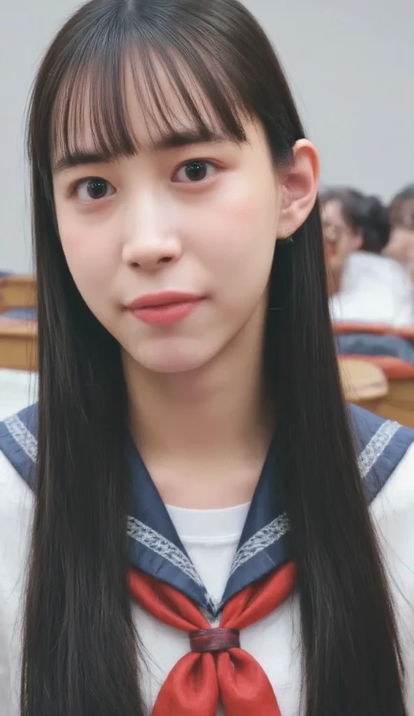 slender girl, (make up:1.1), (ニットセーター:1.2), middle breasts, at school room, (upper body shot:1.1), round face