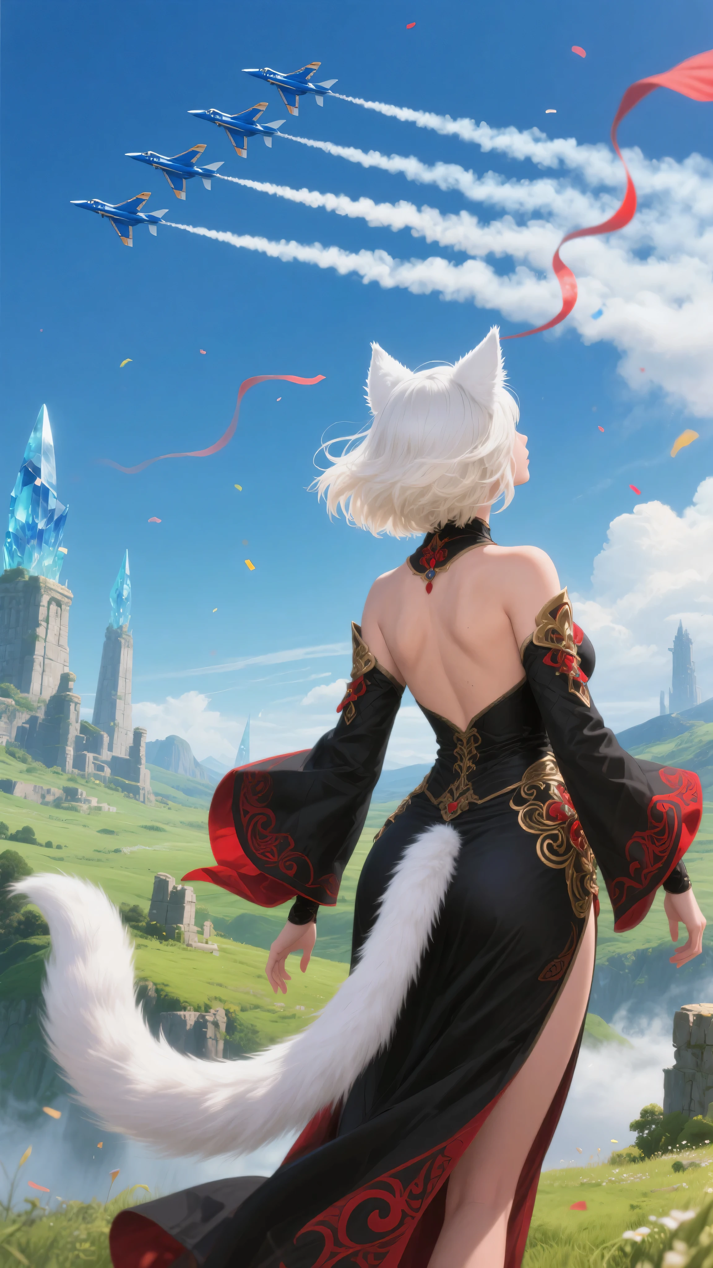 A powerful and emotional scene set at the end of an epic fantasy journey. A voluptuous, goddess-like Miqo'te woman stands with her back to the viewer, gazing up at the sky with quiet awe. Her thick, shoulder-length white-blonde hair is styled in a voluminous short bob cut, swaying gently in the breeze. She wears a majestic black mage outfit, adorned with gold and crimson red arcane detailing, flowing elegantly around her curvy form. Her long, fluffy tail emerges naturally from her lower back, adding to her feline grace. The fantasy landscape around her features vast, lush valleys, ancient stone ruins, and distant crystalline towers—clearly inspired by the world of Final Fantasy.

In the clear blue sky above, the real-life U.S. Navy Blue Angels fly in tight formation, trailing brilliant, colorful smoke as they perform an acrobatic salute. Their presence feels like a divine tribute—honoring her long journey and heroic deeds. The contrast between the high-tech jets and the magical landscape creates a striking blend of realism and fantasy. The mood is triumphant, emotional, and cinematic. Wide-angle composition, ultra-detailed, vivid lighting, fantasy-realism fusion.
