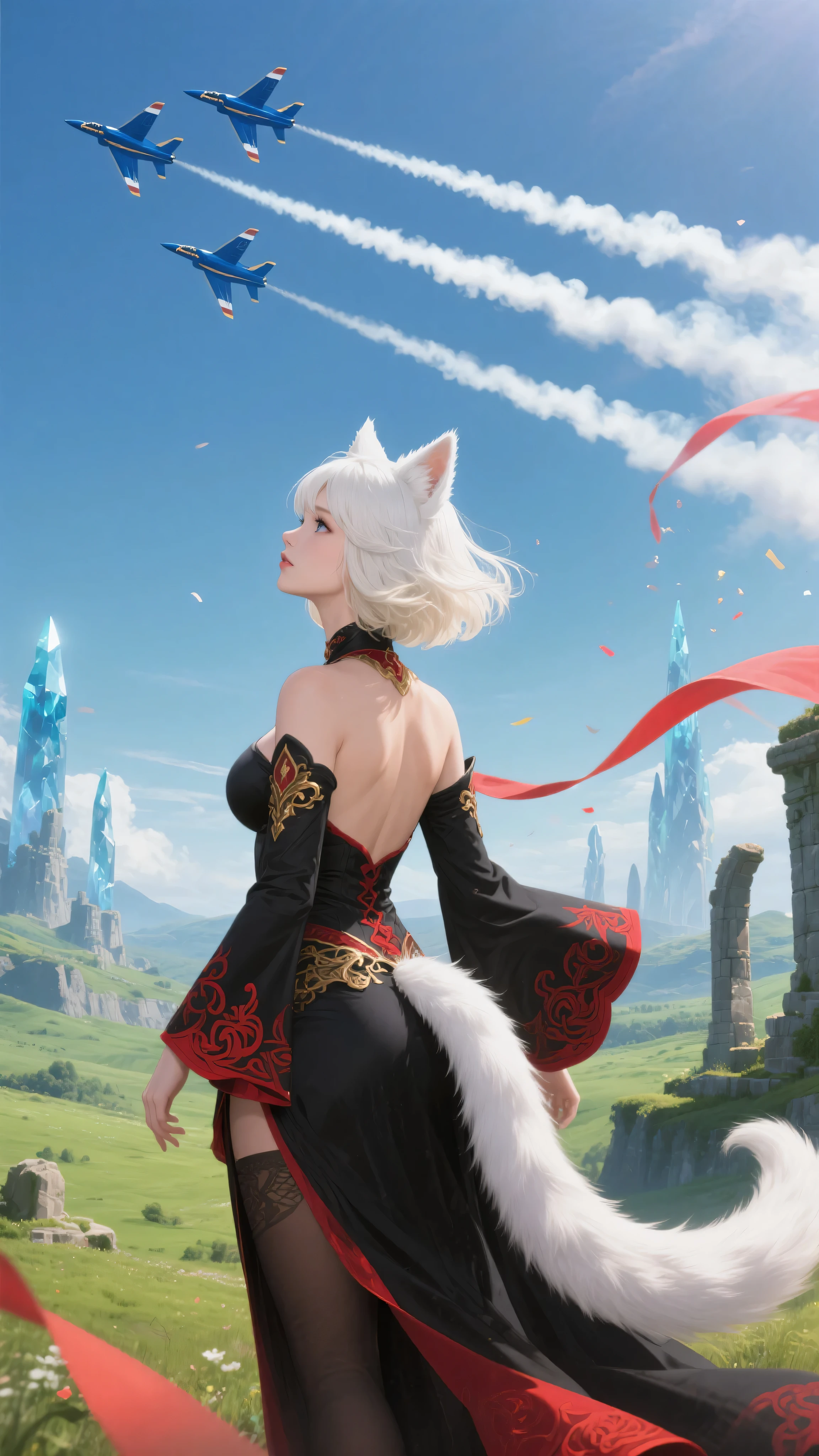 A powerful and emotional scene set at the end of an epic fantasy journey. A voluptuous, goddess-like Miqo'te woman stands with her back to the viewer, gazing up at the sky with quiet awe. Her thick, shoulder-length white-blonde hair is styled in a voluminous short bob cut, swaying gently in the breeze. She wears a majestic black mage outfit, adorned with gold and crimson red arcane detailing, flowing elegantly around her curvy form. Her long, fluffy tail emerges naturally from her lower back, adding to her feline grace. The fantasy landscape around her features vast, lush valleys, ancient stone ruins, and distant crystalline towers—clearly inspired by the world of Final Fantasy.

In the clear blue sky above, the real-life U.S. Navy Blue Angels fly in tight formation, trailing brilliant, colorful smoke as they perform an acrobatic salute. Their presence feels like a divine tribute—honoring her long journey and heroic deeds. The contrast between the high-tech jets and the magical landscape creates a striking blend of realism and fantasy. The mood is triumphant, emotional, and cinematic. Wide-angle composition, ultra-detailed, vivid lighting, fantasy-realism fusion.