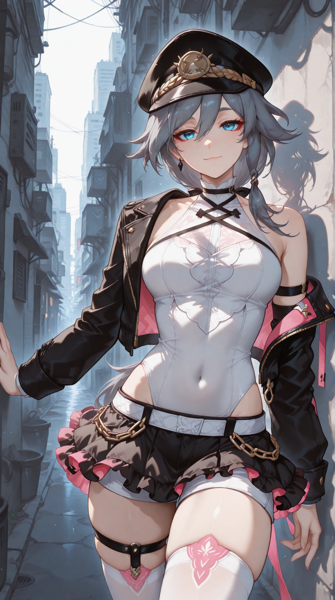goth_punk, 1girl in, 独奏,、top-quality, Photorealistic, An ultra-fine illustrations, beautiful attractive anime girl, miku hatsune, Slender body, Tied hair, one girls, a photo of girl, Full body shot, Beautiful blue eyes, Turned,耳Nipple Ring、hair adornments、jewely、 Red Flame Eye, Red-eye orbit, Eye of Fire, Eye trajectory,
