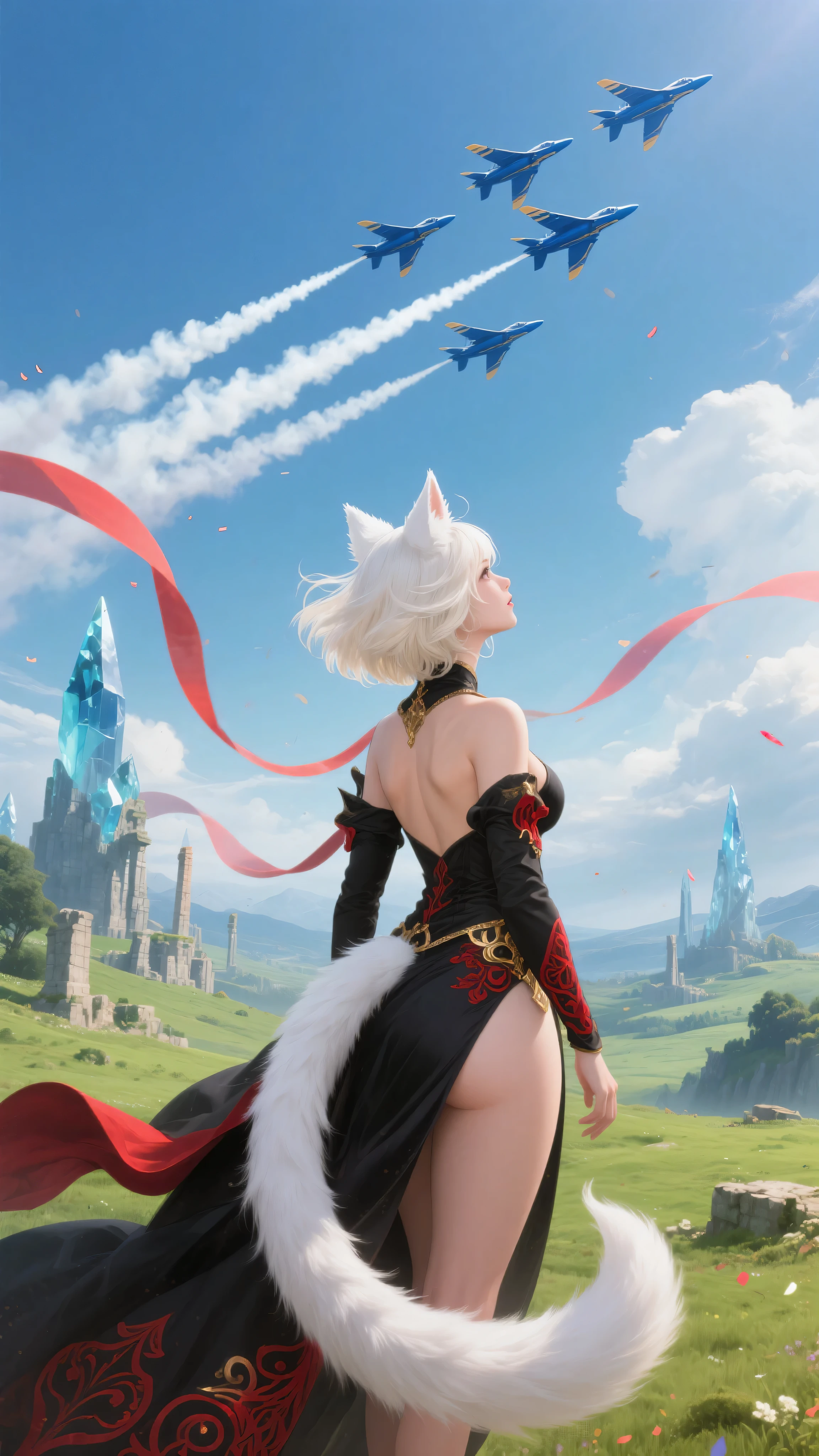 A powerful and emotional scene set at the end of an epic fantasy journey. A voluptuous, goddess-like Miqo'te woman stands with her back to the viewer, gazing up at the sky with quiet awe. Her thick, shoulder-length white-blonde hair is styled in a voluminous short bob cut, swaying gently in the breeze. She wears a majestic black mage outfit, adorned with gold and crimson red arcane detailing, flowing elegantly around her curvy form. Her long, fluffy tail emerges naturally from her lower back, adding to her feline grace. The fantasy landscape around her features vast, lush valleys, ancient stone ruins, and distant crystalline towers—clearly inspired by the world of Final Fantasy.

In the clear blue sky above, the real-life U.S. Navy Blue Angels fly in tight formation, trailing brilliant, colorful smoke as they perform an acrobatic salute. Their presence feels like a divine tribute—honoring her long journey and heroic deeds. The contrast between the high-tech jets and the magical landscape creates a striking blend of realism and fantasy. The mood is triumphant, emotional, and cinematic. Wide-angle composition, ultra-detailed, vivid lighting, fantasy-realism fusion.