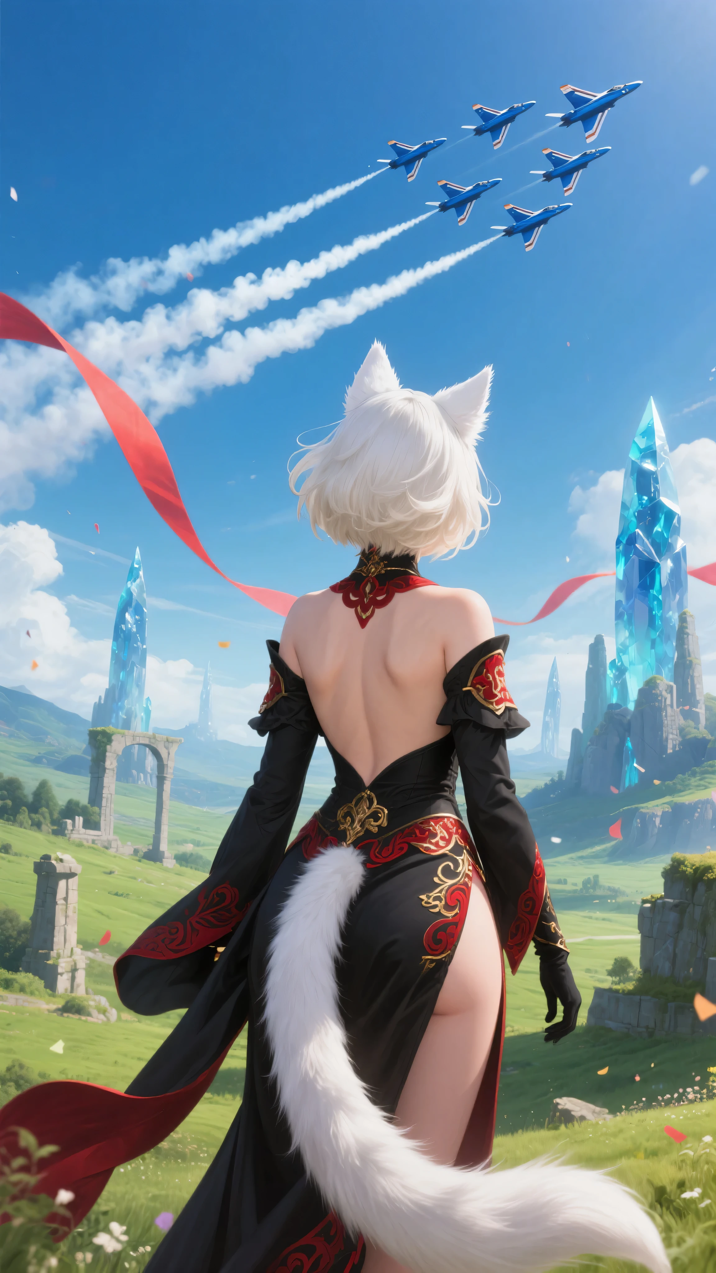 A breathtaking scene at the end of an epic fantasy journey. A voluptuous, goddess-like Miqo'te woman is seen from a three-quarter rear angle—her back and part of her face visible as she gazes skyward in awe. She has thick, shoulder-length white-blonde hair in a voluminous short bob cut, gently tousled by the wind. Two prominent white-furred feline ears protrude clearly from her hair. Her figure is extremely curvy, with large breasts that subtly shape her silhouette even from this angle. She wears a richly adorned black mage outfit, accented with crimson red and gold arcane embroidery, flowing with her movements. From her lower back extends a long, smooth-furred tail with a gentle curve, natural and elegant.
The fantasy landscape around her features sweeping green plains, towering crystal spires, and ancient stone ruins—a world inspired by Final Fantasy.
High above her, the real-life U.S. Navy Blue Angels soar in tight V-formation, flying from the left side of the frame to the right at high altitude. Their smoke trails begin directly behind each jet and extend in clean, coordinated lines, trailing from left to right in the sky. The smoke flows smoothly with the flight direction, dispersing gradually into thin wisps that arc slightly with the wind, forming vibrant celebratory ribbons across the sky. The jets appear small but precise, marking a symbolic tribute from the heavens to her long and heroic journey.
Cinematic wide-angle view, high detail, fantasy-realism fusion, emotionally powerful lighting, vivid sky.