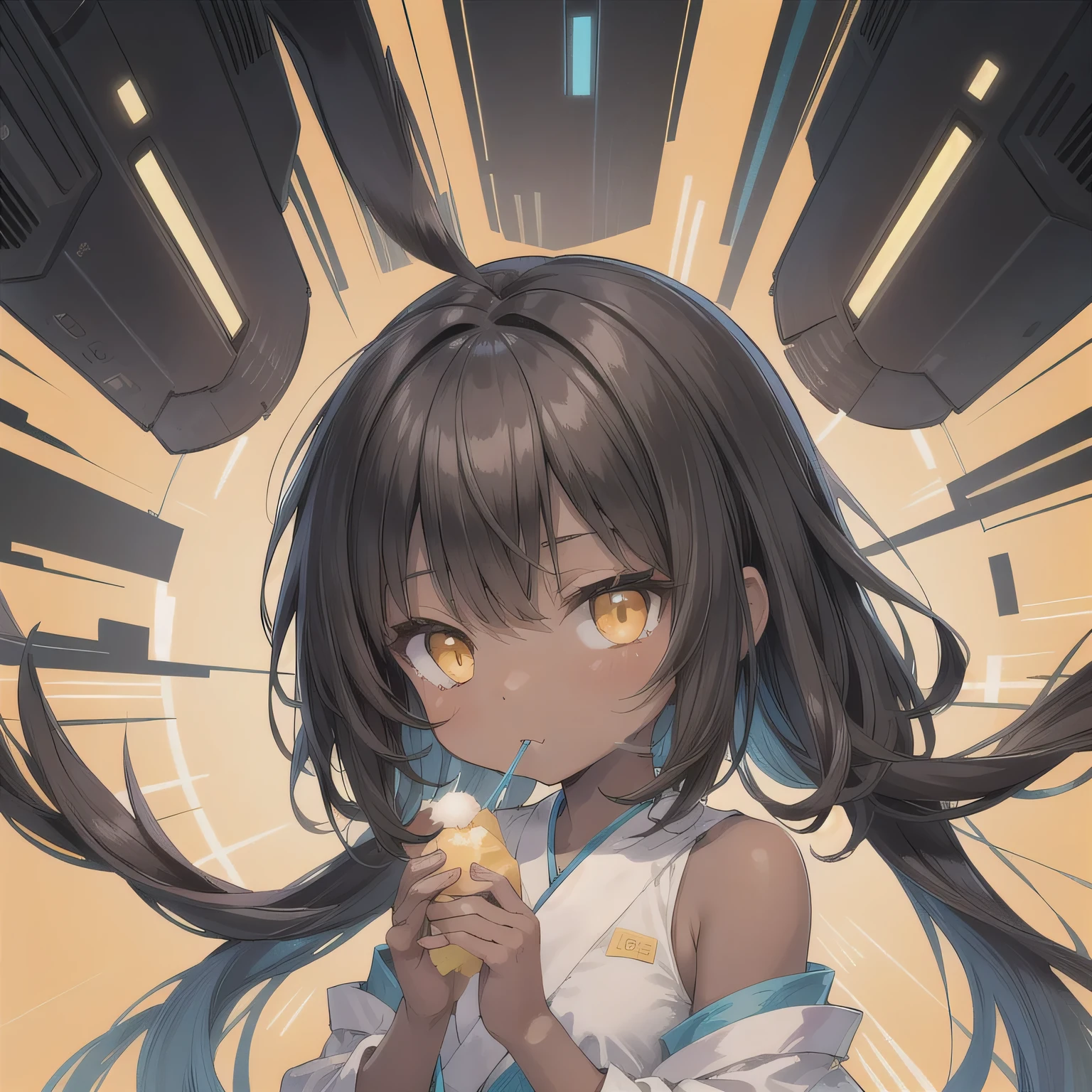 A Japanese anime-style chibi girl, 3-head-tall, super round body and head, deformed proportion, big sparkling eyes, small nose and mouth, cute and soft illustration, simplified color palette, masterpiece, her mouth is empty, nothing in her mouth, no objects around the mouth, not eating, not holding anything, natural facial expression. Dark Hair, Black Skin, Brown Skin Female, Long Hair, (Yellow Eyes:1.5).