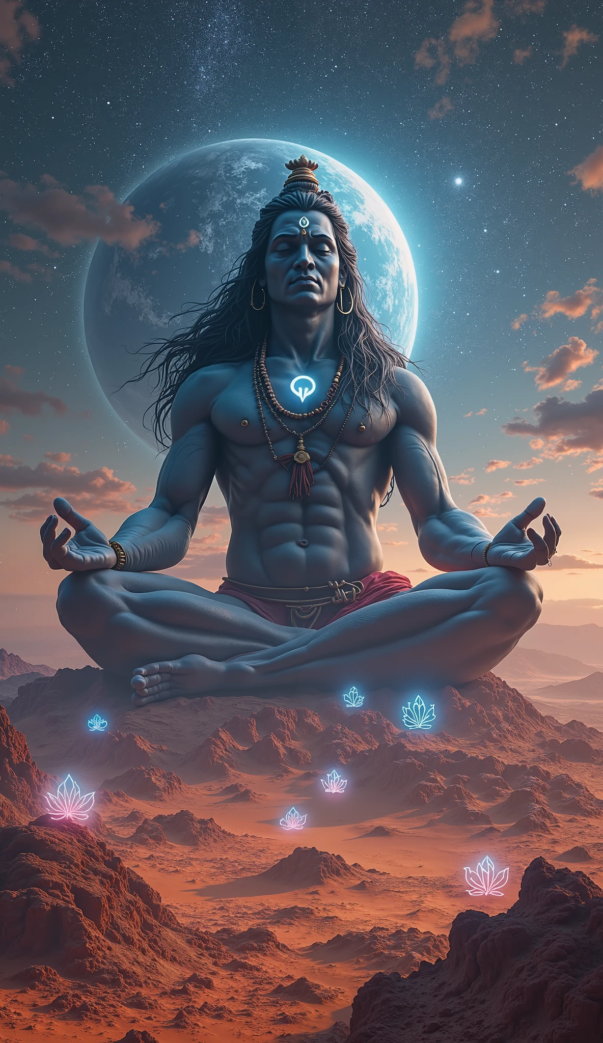 Immortal God, Super beautiful, super, Meditation, Light White Fabric, Covering part of the body, sitting, Cross-legged, Golden Glowing Magic Circle, spinning behind him, Magical aura, the part that surrounds it, Magical, fentezi, Background of the Milky Way, (4 items, fire, water, the wind, land, Surround him), Very clear, Without flaws, with five fingers, Photorealistic, Correct eye shape, Very detailed face, Spectacular light. Highly detailed photo, hiquality.