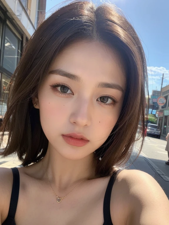 ((Highest quality, 8k, masterpiece: 1.3)), Sharp focus: 1.2, Beautiful woman with perfect style: 1.4, Slim Abs: 1.5, ((Dark brown hair, Large breasts: 1.2)), (Natural light, City Street :1.1), Highly detailed face and skin texture, Detailed eyes, double eyelid