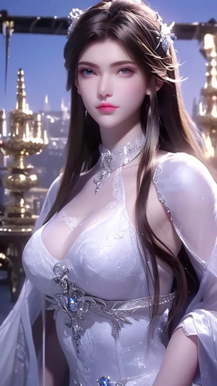 um close up de uma mulher com um vestido branco sentado em uma mesa, Deusa japonesa, mulher bonita sedutora do anime, deusa anime, Tendência em CGTacing:, uma bela imperatriz fantasia, anime sedutora, ((uma bela imperatriz fantasia)), tiro extremamente detalhado da deusa, Tendência na CGTastation, deusa bonita, 8k arte detalhada de alta qualidade, deusa. Detalhes extremamente altos