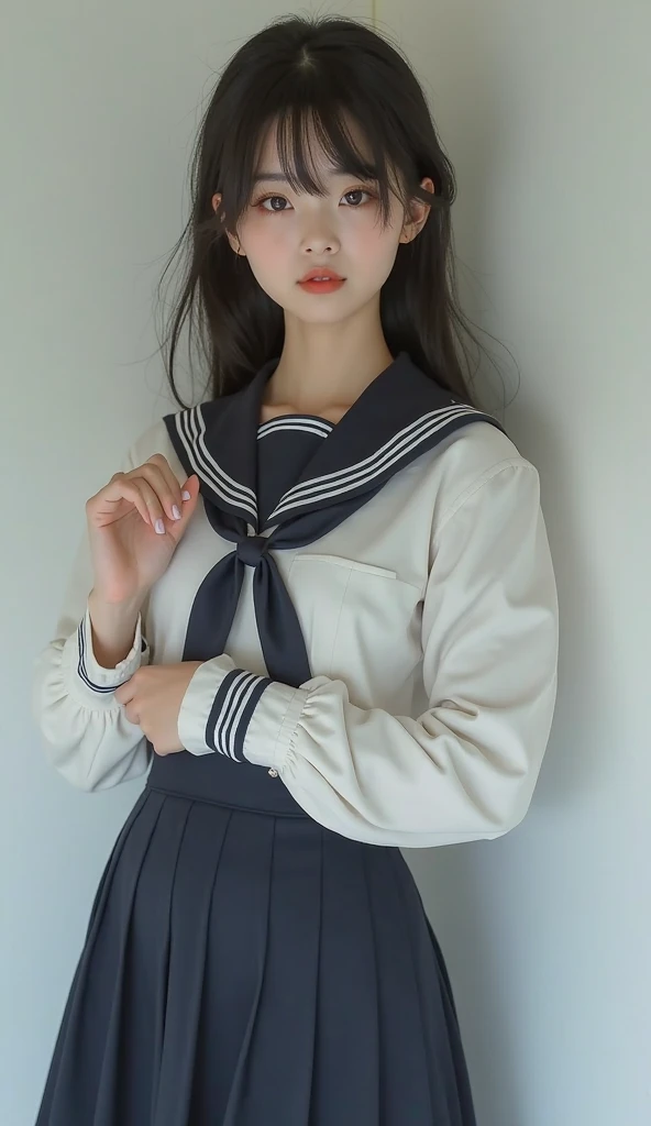((highest quality、8k、masterpiece:1.3)),((((cowboy shot)))),Ultra-high resolution,big eyes,Japanese,bangs,(a girl),(1 girl),((20 years old)),((facing at viewer)),(long hair),(((black sailor uniform))),grin,((sitting on chair)),(pleated mini skirt),(((pussy))),((pubic hair)),((skirt lift)),((short crew socks))