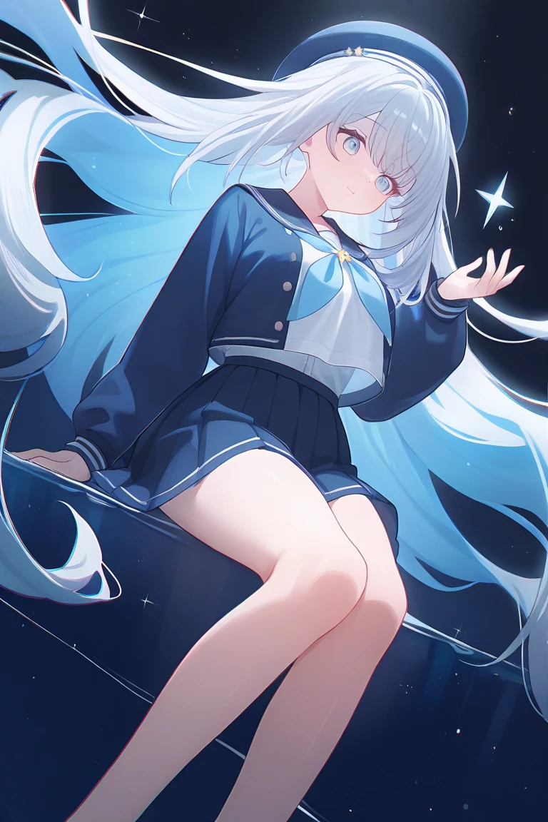 (detailed), it also has a cute whale tail, 17 year old young woman, cute, pretty and adorable, has beautiful long, bright gray hair, has a modern but cool and elegant clothing design, she really likes whales, therefore she has a whale design reference., grey hair, Ahoge, long hair, dilated pupils, BLUSH, smile, anime style, (best quality)), ((masterpiece))