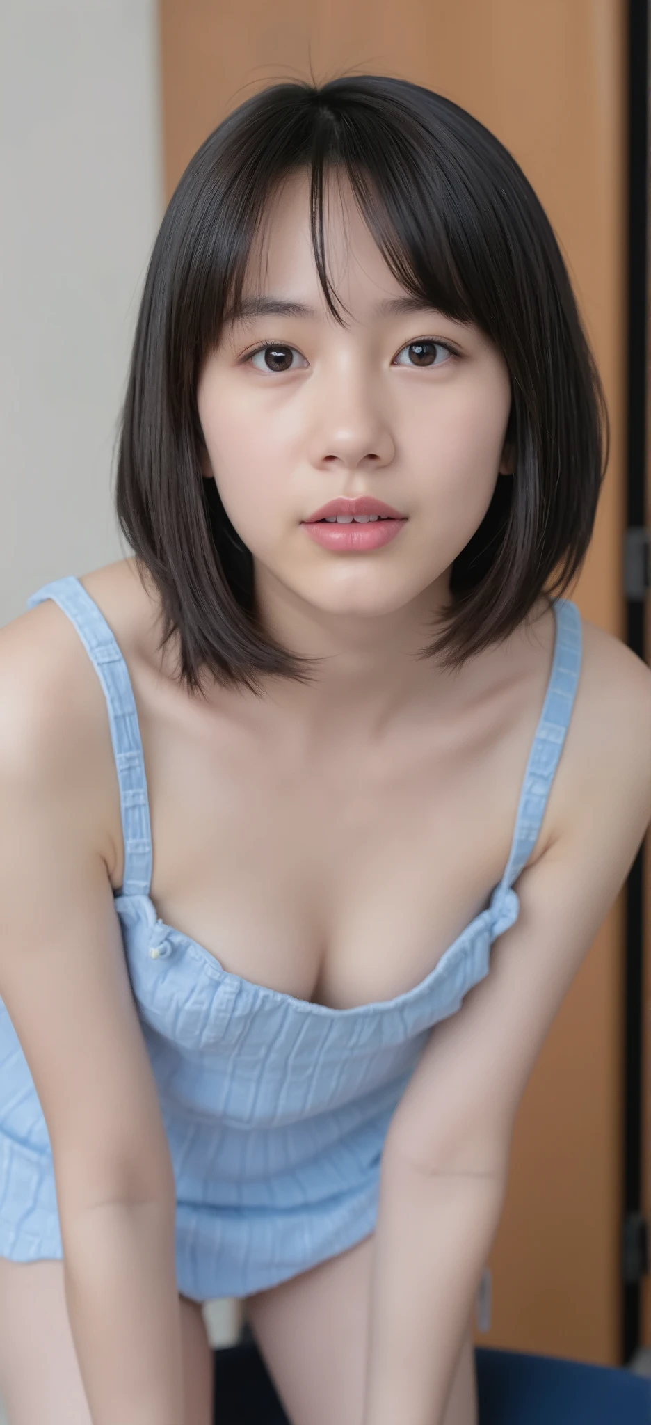 (8k), (highest quality: 1.2), (Realistic), (Realistic: 1.37), Ultra-high resolution, 1 girl, Head to knee photo、cute, smile, Mouth closed, Beautiful details, Beautiful Nose, Voluptuous body、whole body, Wet Hair, Large Breasts、Saggy breasts、Soft Breasts、Overflowing breasts、Voluptuous thighs、dolly make、Odd Eye、Heterochromia iridis